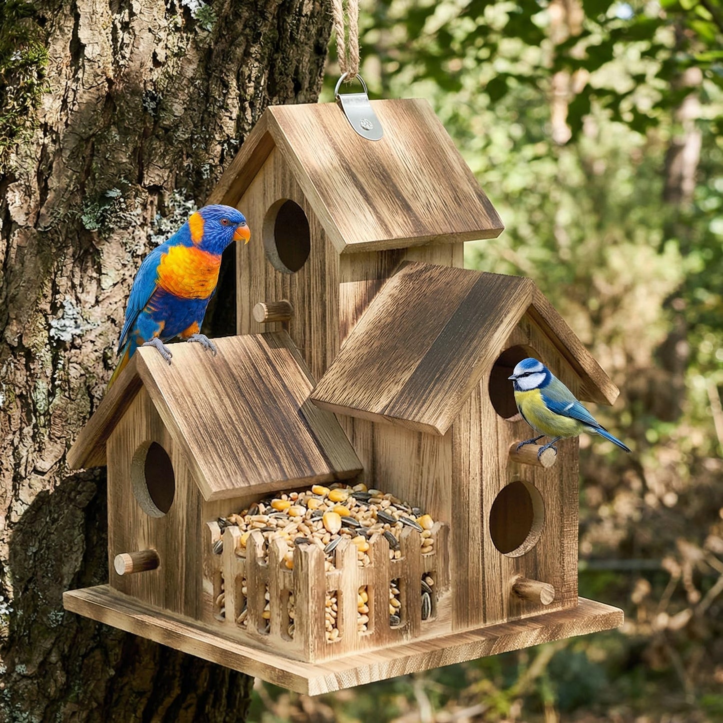 Bird House for Outside, Outdoor 3 Hole Bird House Room Bluebird Finch Wooden Hanging Birdhouse Handmade Wooden Hummingbird-House for Garden,Courtyard, Backyard Bluebirds, Finches, Cardinals