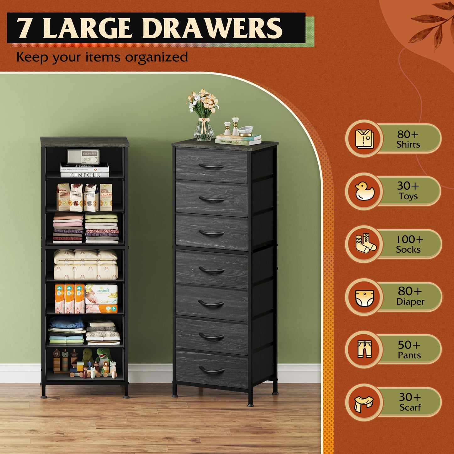 WLIVE Tall Dresser for Bedroom, 7 Drawer Dressers & Chests of Drawers, Fabric Dresser for Closet, Night Stand with Metal Frame, Storage Tower with Fabric Bins, Woodtop, Charcoal Black Wood Grain Print