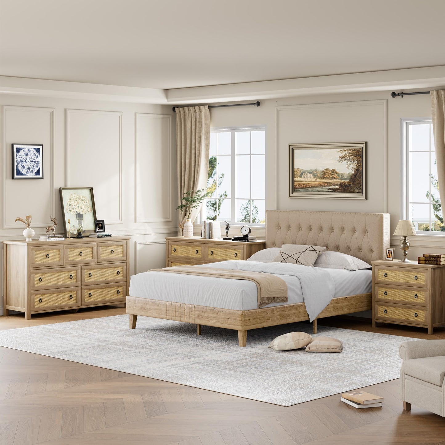 Garvee 7 Drawer Dresser, 54" Wide Rattan Chest, Natural Oak Finish