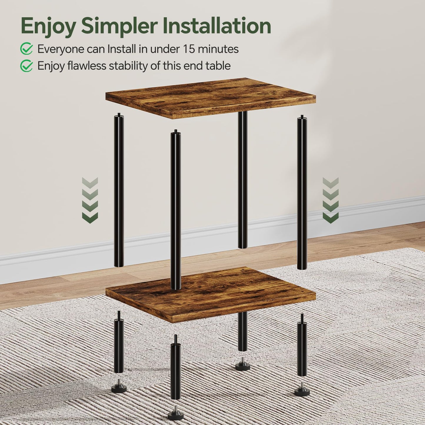 Simple Trending Side Table, Small End Table Living Room, Nightstand with 2 Tier Storage Shelves, Rustic Brown