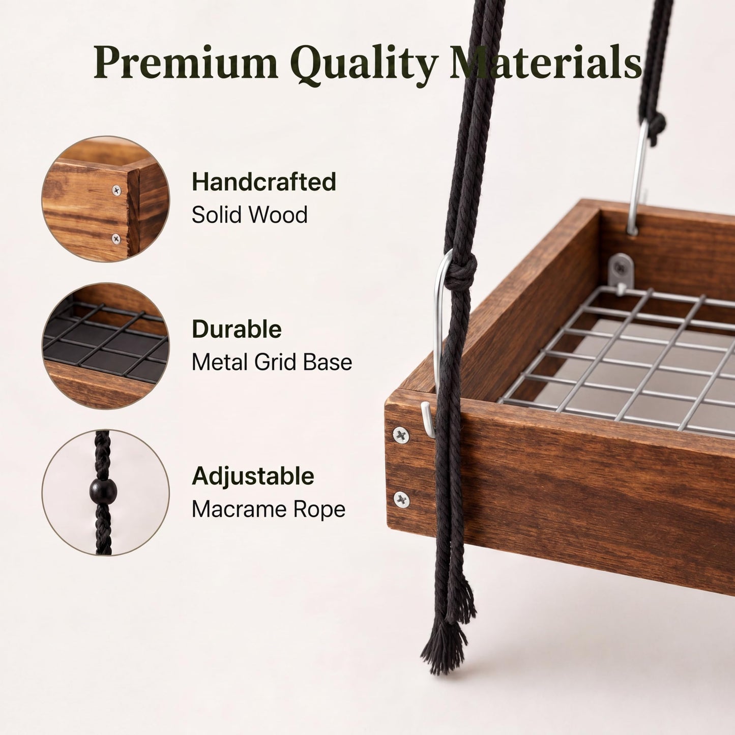 Novabright Hanging Window Plant Shelf, 16 Inch Wooden Macrame Style Shelf with Metal Grid Frame, Adjustable Cotton Rope Indoor Holder for Window, Wall or Ceiling, 50 lb Capacity