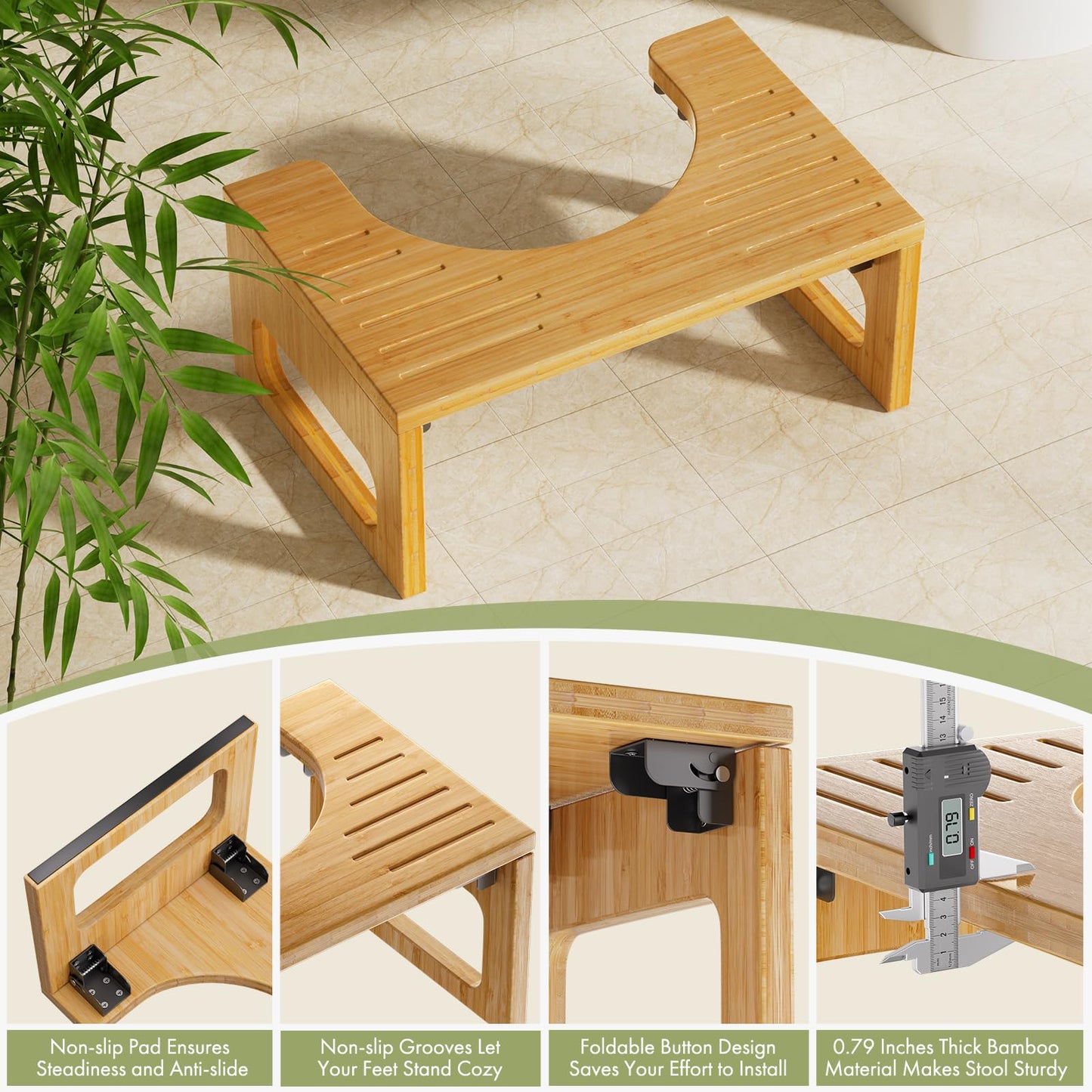 AmazerBath 7 Inches Bamboo Toilet Stool Squat for Adult, Foldable Squatting Potty Stools for Bathroom, 0.79" Thickness Poop Stool with Non-Slip Strip, Space-Saving, No Assembly Required, Natural Color