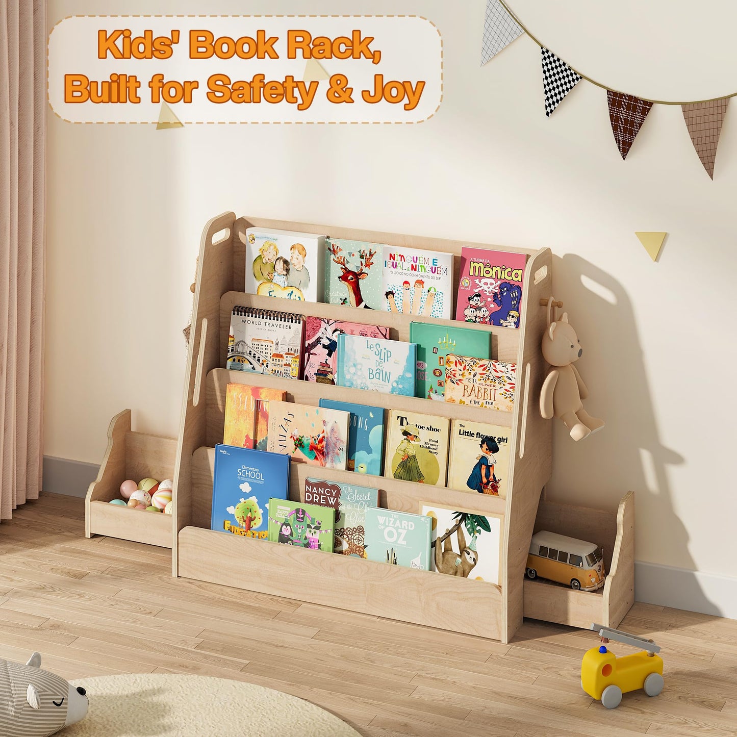 AMBIRD Kids Bookshelf with Drawers & Hooks, 4-Tier Forward-Facing Book Display for Toddlers, Wooden Magazine Rack with Hidden Toy Storage, Montessori-inspired Bookcase for Bedroom, Nursery & Classroom