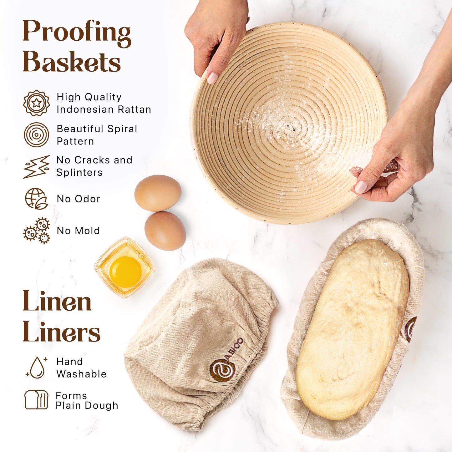 ABIOTO Sourdough Bread Baking Kit - 14-Piece Set with 10" Round & 11" Oval Rattan Banneton Proofing Baskets, Liners, Bread Lame, Danish Whisk & Scrapers for Home Bakers