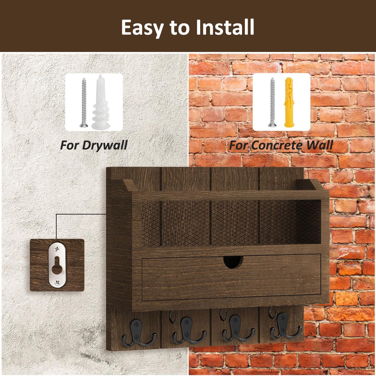 Nekon Mail Organizer with Drawer for Wall, 12"W x 10"H x 3.1"D Mail Sorter Wall Mounted, Wooden Key Holder Wall File Organizer Letter Sorter for Letter Magazines (Brown)