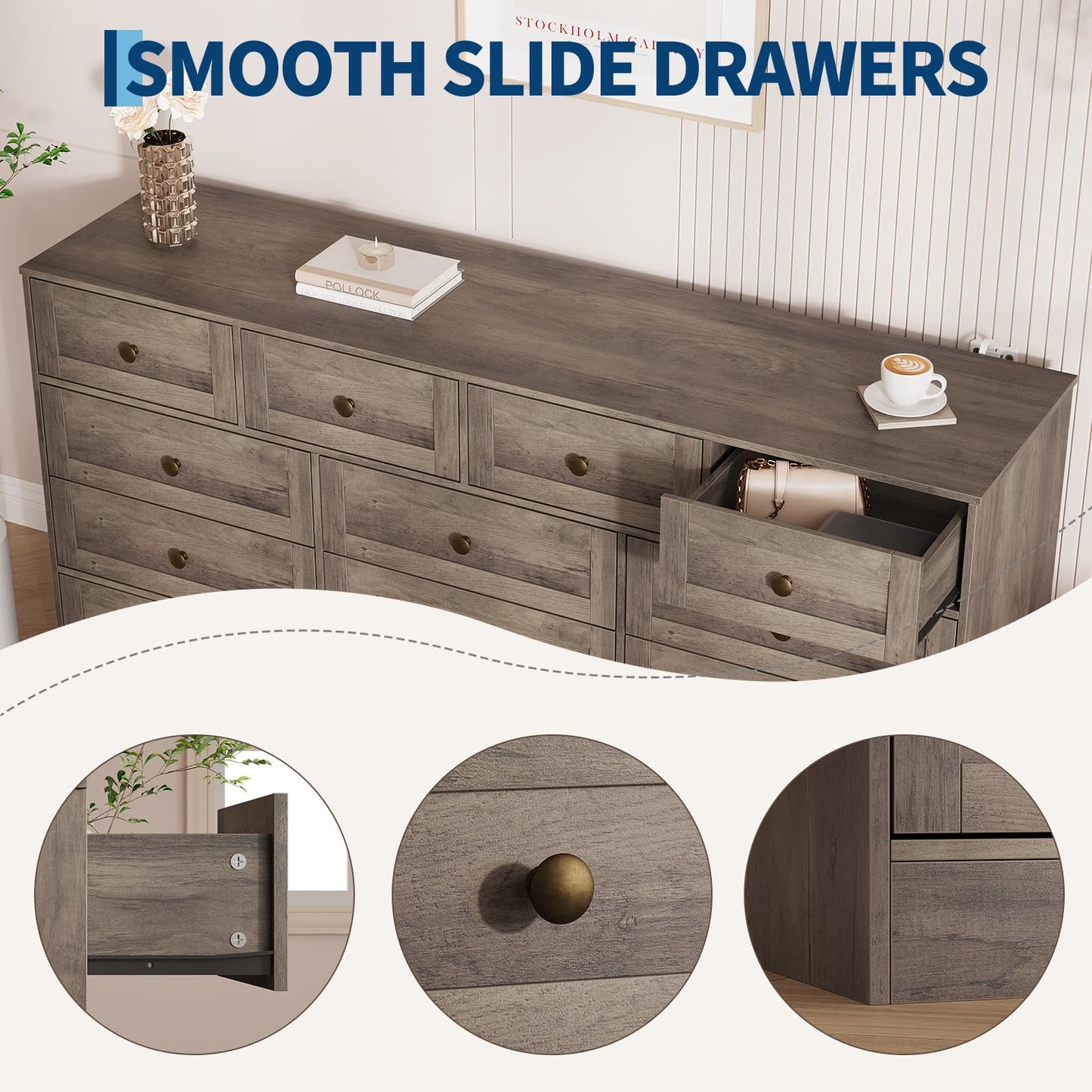 GarveeHome 12 Drawer Wooden Dressers for Bedroom, Wood TV Stand Dresser for 65 Inch TV, Modern Wood Chest of Drawers Clothes Storage Organizer for Living Room, Closet, Hallway, 61" L × 15.75" W