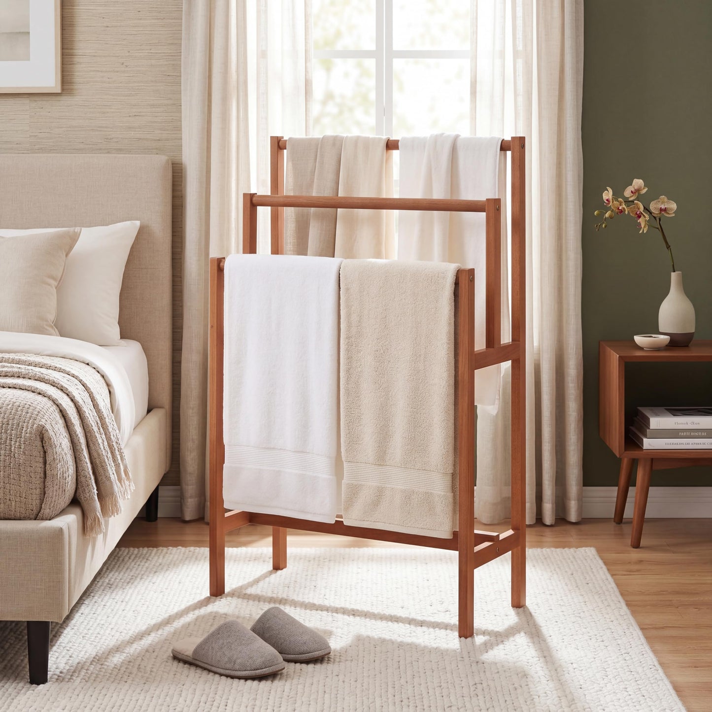HOMGX Towel Rack & Drying Stand, Freestanding Wooden | 3-Tier Wooden Towel Holder | Sturdy Bathroom Drying Rack | Teak Oil Finish | Compact Vertical Storage | Poolside & Outdoor Use