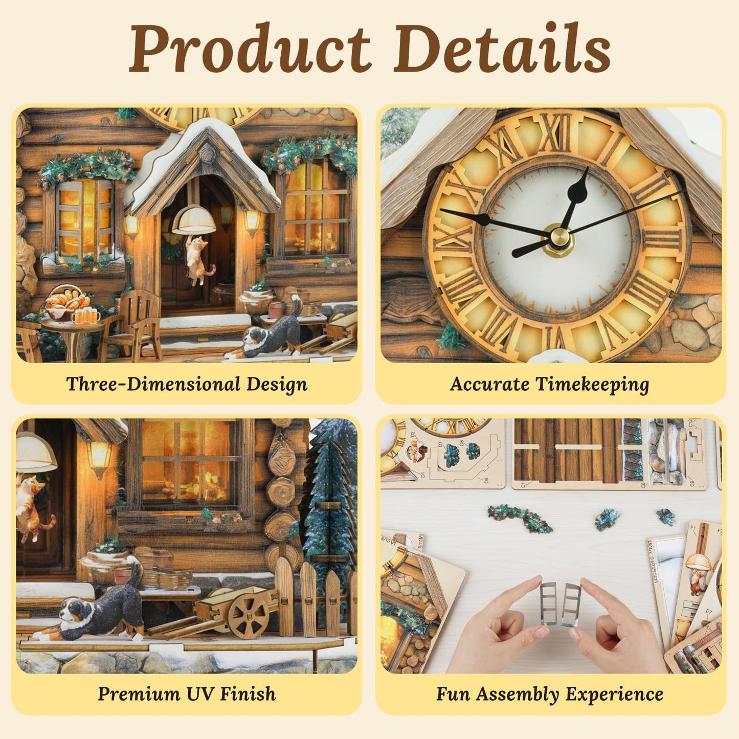 wudhank 3D Puzzle for Adults Clock - Swiss Chalet Design Model Kit-Mechanical DIY Pendulum Clock with Roman Numerals-Desk Home Office Decor Personalized Gift for DIY Lovers