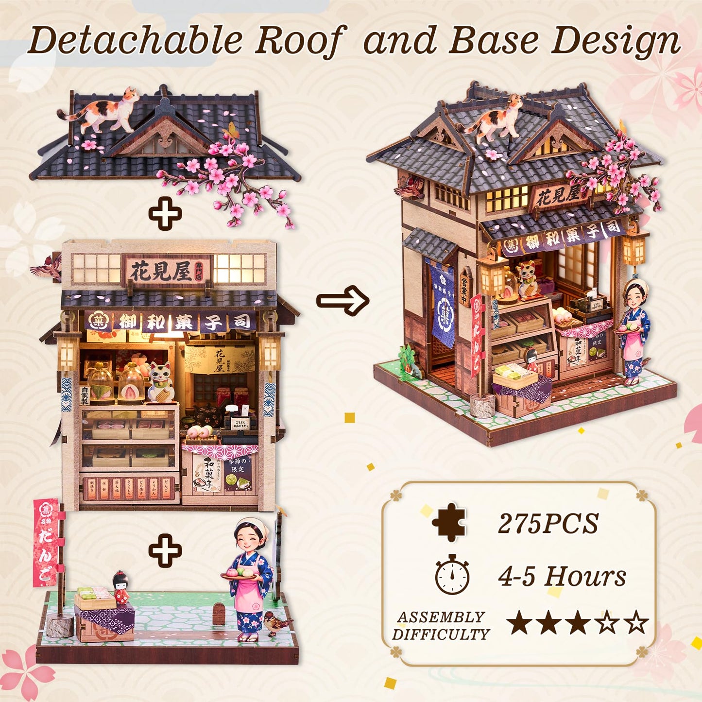 DIY Miniature Dollhouse Kit, Japanese Wagashi Shop 3D Wooden Puzzle with LED Light, Cherry Blossoms & Furniture, Cozy Home Decor, Relaxing Craft Hobby for Adults,Hanamiya