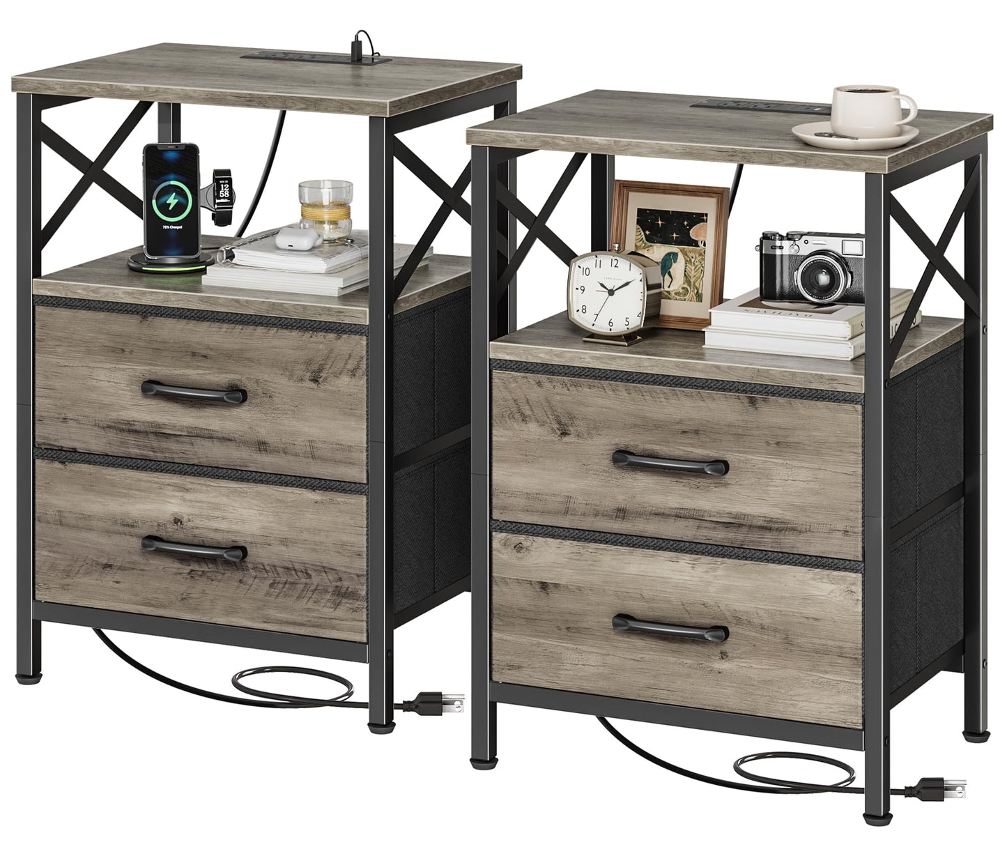 Huuger Nightstands Set of 2, Night Stand with Charger Station, 2 Drawer Side Table with Open Shelf, USB-C Port, End Table for Small Spaces, X Shaped Side Rail, Oak