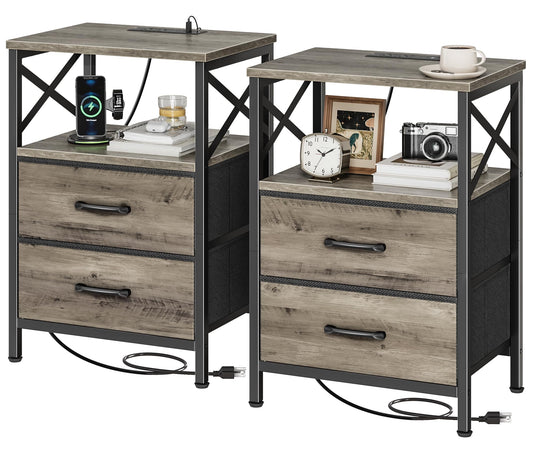 Huuger Nightstands Set of 2, Night Stand with Charger Station, 2 Drawer Side Table with Open Shelf, USB-C Port, End Table for Small Spaces, X Shaped Side Rail, Oak