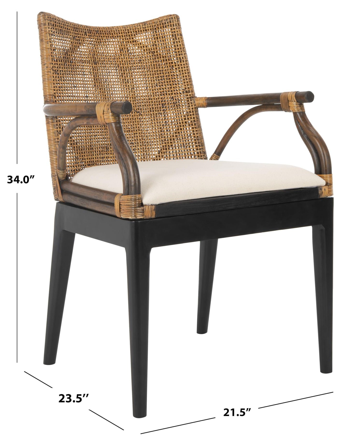 SAFAVIEH Furniture - Gianni Rattan Arm Chair - Brown & Black - Solid Wood - Coastal Open-Arm Design - Ideal for Living Room, Sunroom, Bedroom, 19.8" Seat Height (SEA4011A)