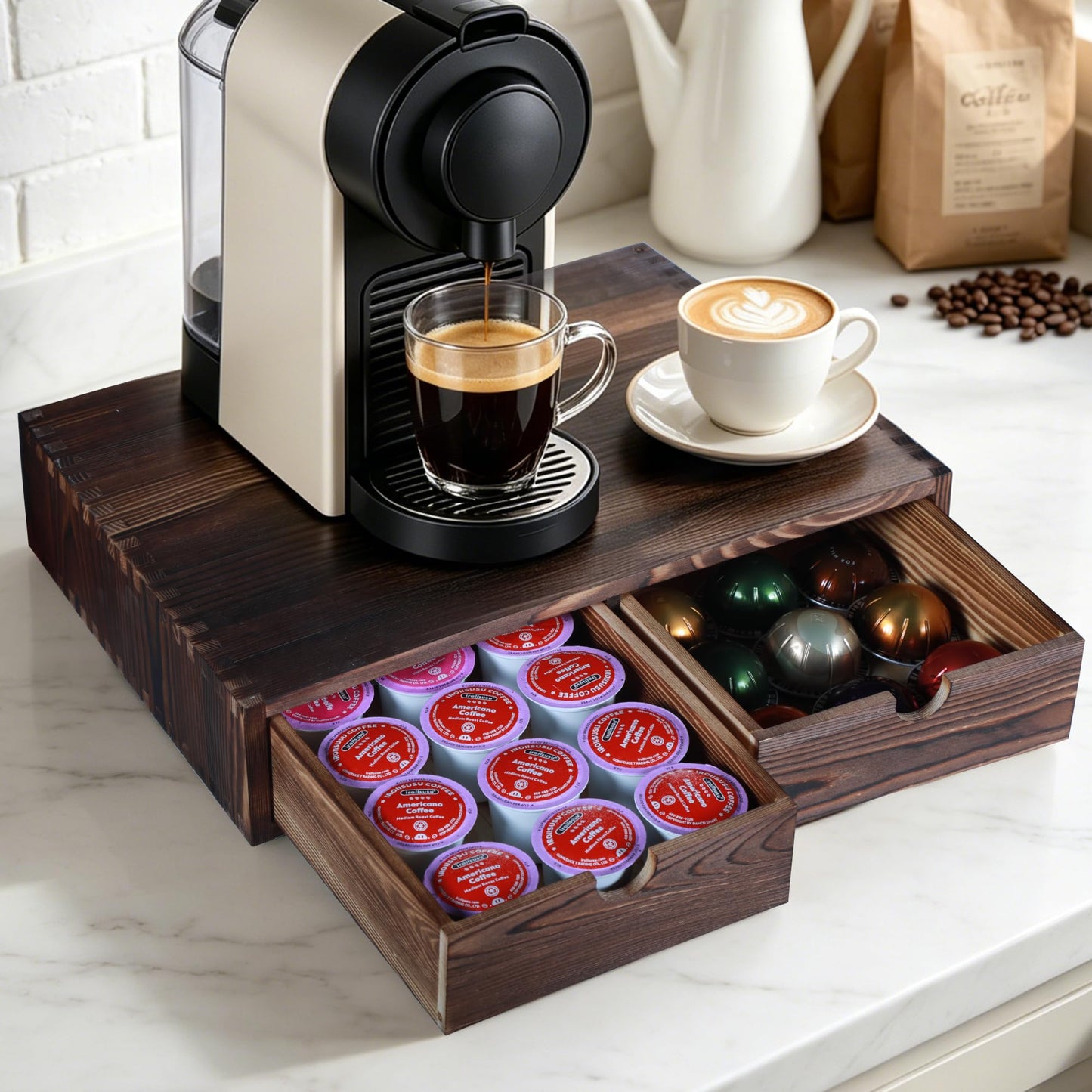 Wooden Coffee Pod Organizer with 2 Drawers, Countertop K-Cup Holder Drawer for 30 Pods, 2-in-1 Coffee Maker Stand + Storage Drawers, Coffee Pod Storage Perfect for Coffee Bar, Office & Home Kitchen