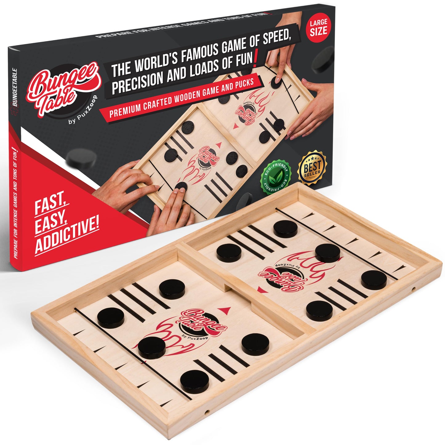 PuxZoop Fast Sling Puck Game - Large Size - Test Your Speed and Accuracy with This Fast-Paced Wooden Air Hockey Board Game - Guaranteed Fun for Family Night or Friends Party