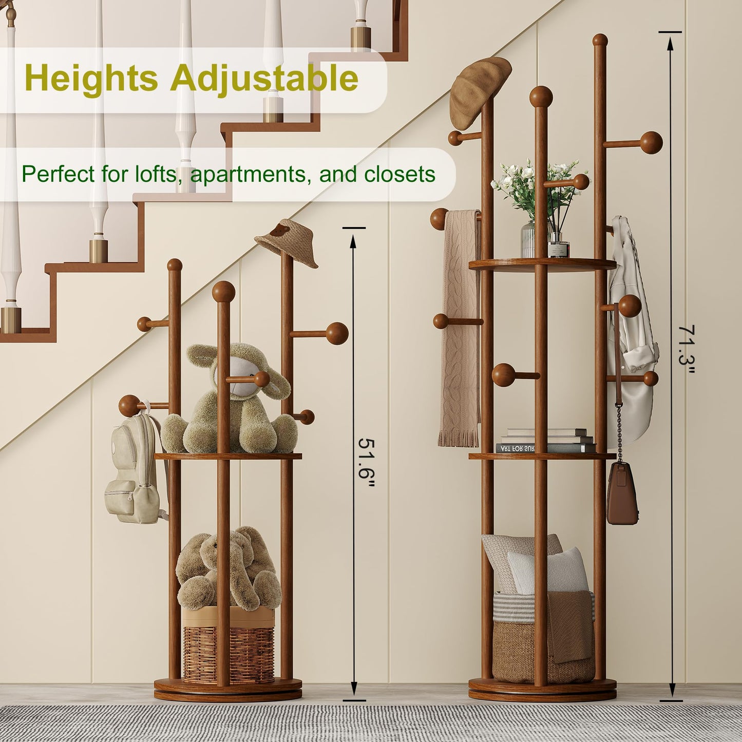 FROMJBEST Solid Wood Coat Rack Freestanding Rotating Clothes Rack with 9 Hooks & 3 Storage Shelves for Purse, Bag, Hat, Coat Hanger Stand for Entryway, Hallway, Office, Mid-Centry, Walnut