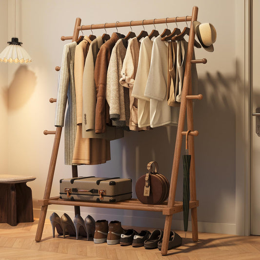 Yoobure Solid Wood Clothes Rack - Heavy Duty Clothing Racks for Hanging Clothes with 8 Hooks, Portable Garment Rack for Dress Shirt Shoe, Freestanding Wardrobe Coat Racks with Shelf for Closet Bedroom