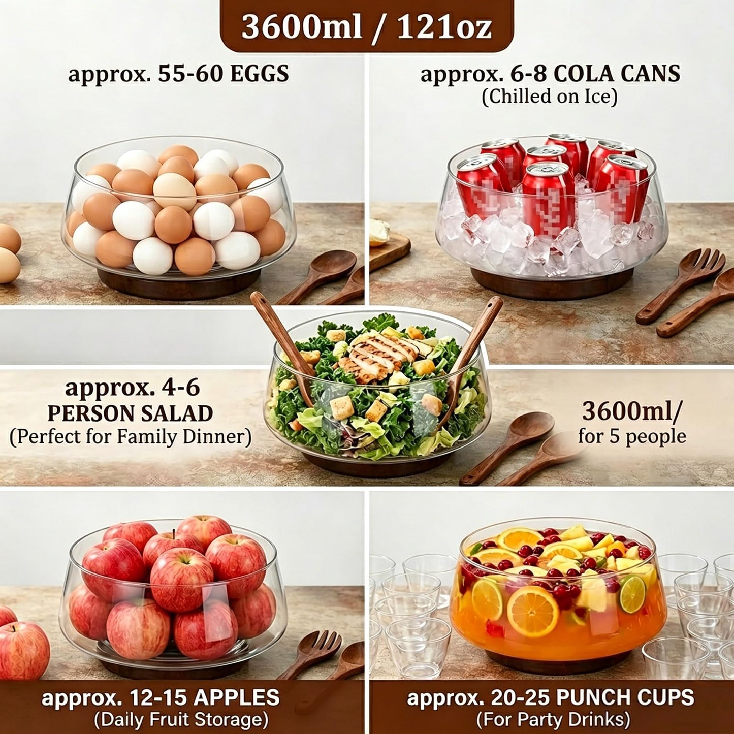 TITINICE 121oz Large Glass Salad Bowl Set with Acacia Wood Base, 3.8QT Clear Serving Bowl with Wooden Spoons, 3600ml Decorative Mixing Bowl for Fruit, Pasta, Party and Thanksgiving (Classic Smooth)