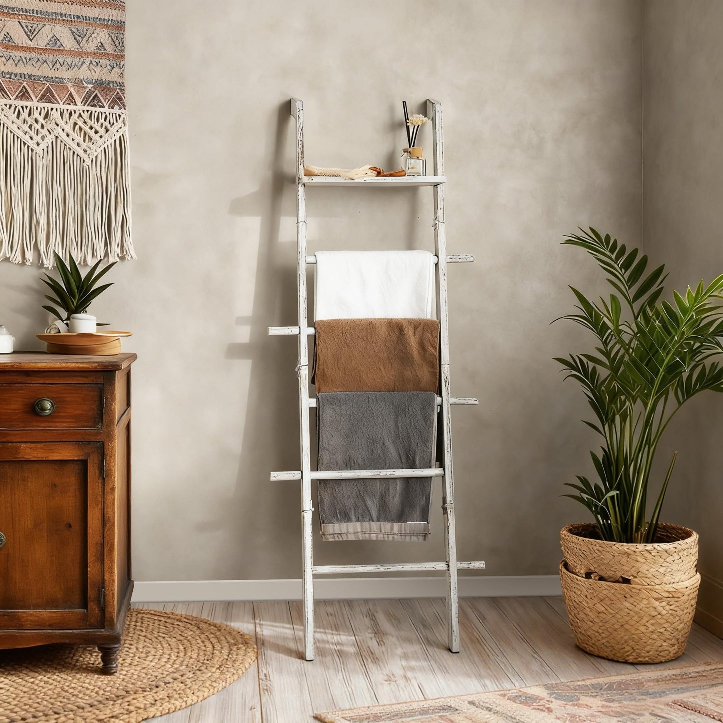 Wash White Wood Blanket Ladder with Top Shelf for the Living Room, 67in Decorative Blanket Holder, 5 Tier with Side Hooks for Hanging, Rustic Farmhouse Towel Throw Ladder Rack for Organize and Display