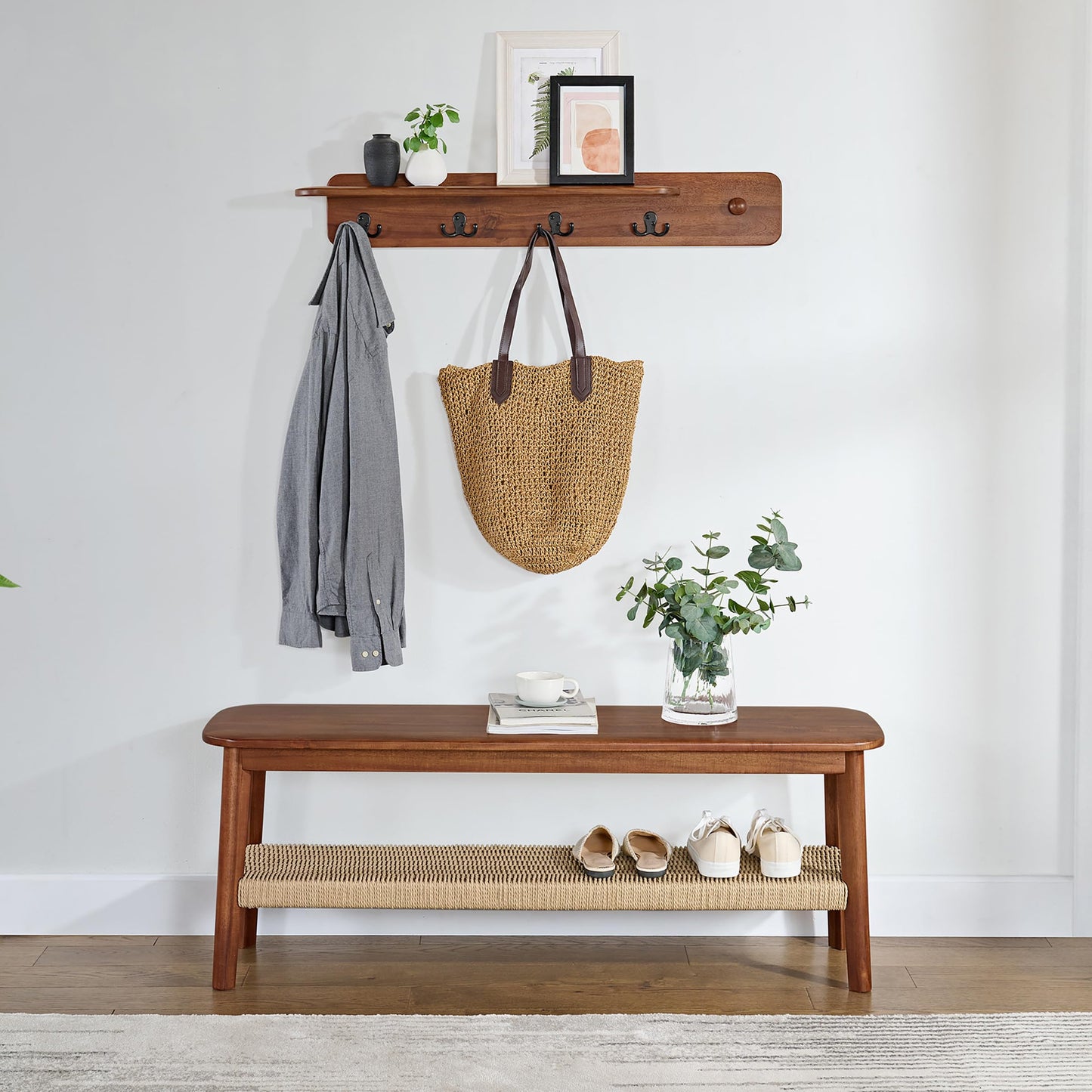 Alaterre Furniture Calais Collection Entryway Bench and Coat Rack - Solid Acacia Wood Mid-Century Modern Entryway Furniture (Chestnut)