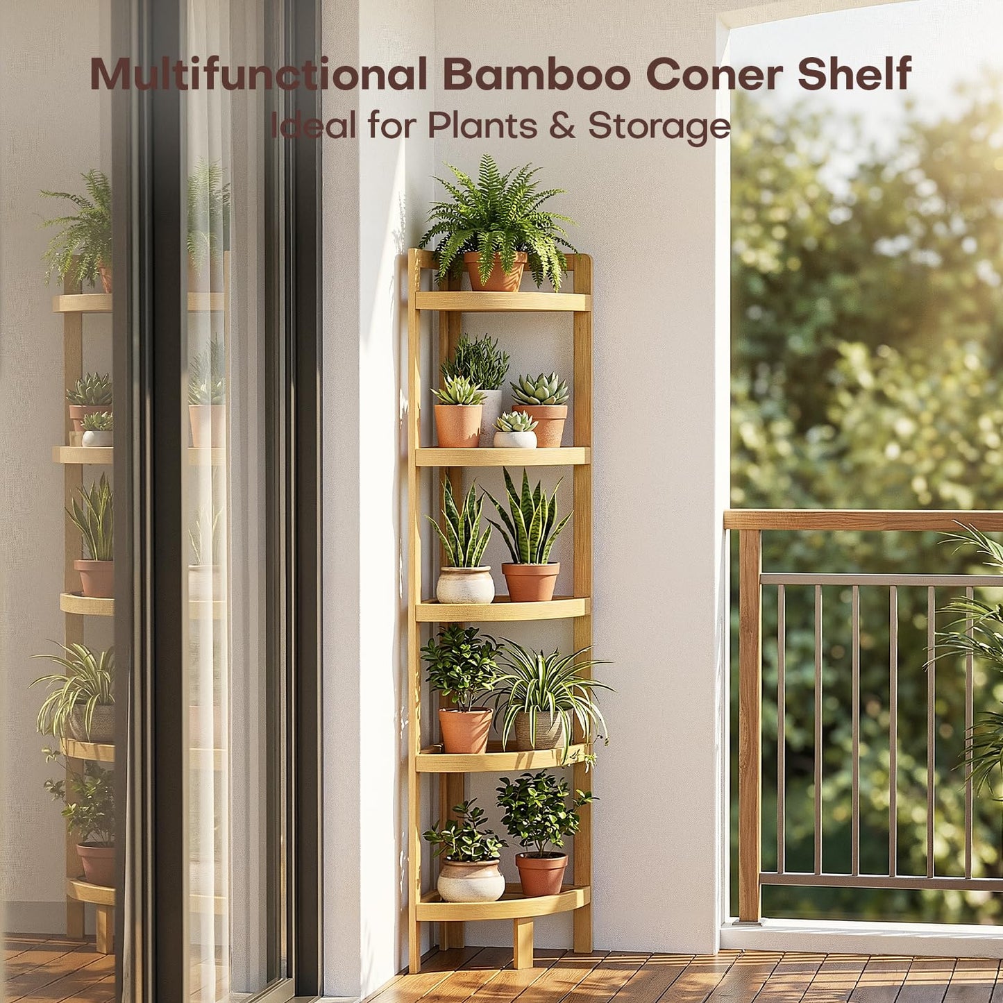 2026 New Bamboo Standing Shelf, 5 Tier Corner Shelf Stand, Free-Standing Shelf Units, Triangular Curved Corner Shelf Stand for Space-Saaving Display Ideal for Bathroom/Kitchen/Living Room Storage
