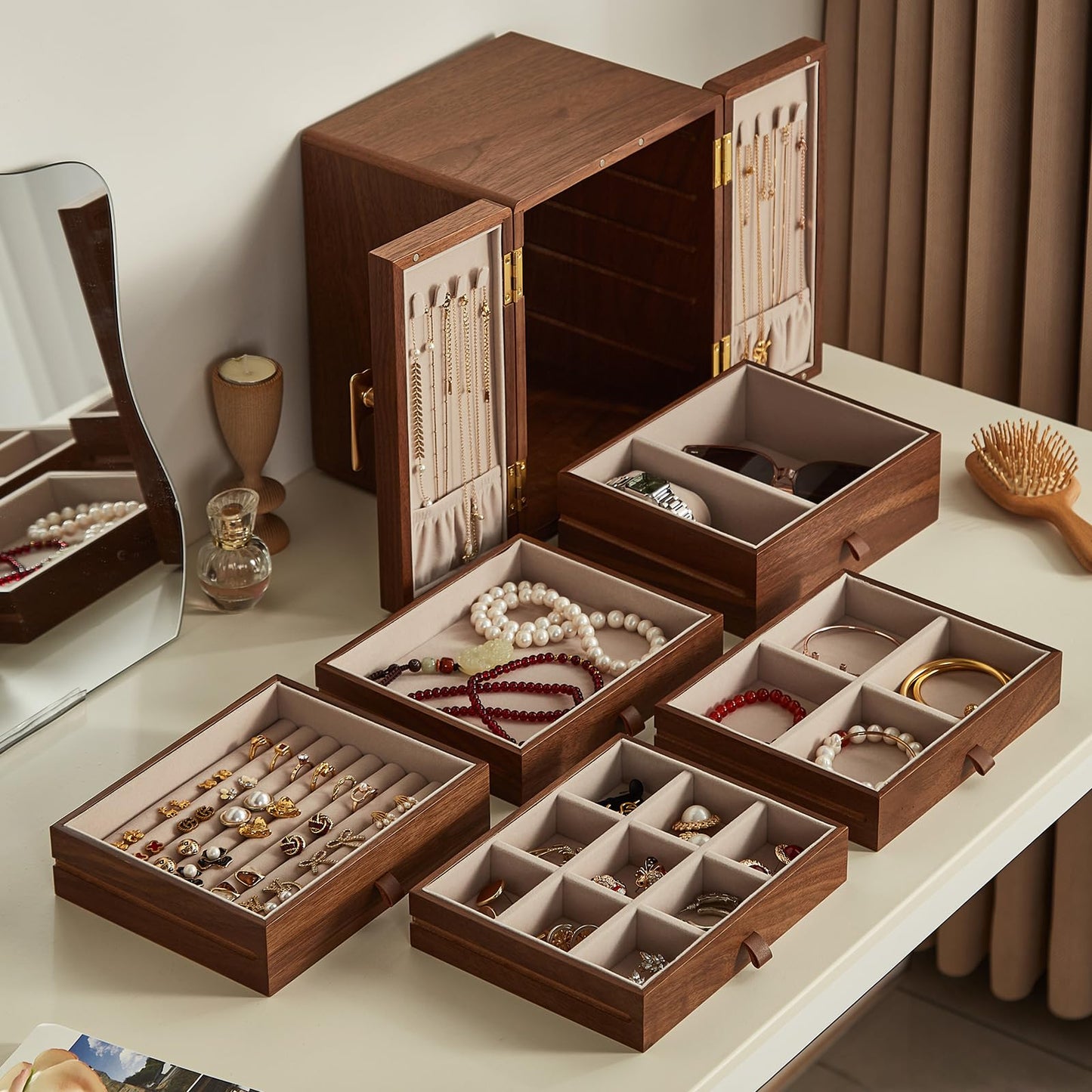 Homruilink Wooden Jewelry Box 5 Layer Black Walnut Large Jewelry Organizer with Brass Handle for Necklaces Rings Earrings Watches Storage, Fathers Day Gift (7.9x8.7x10.0inches)