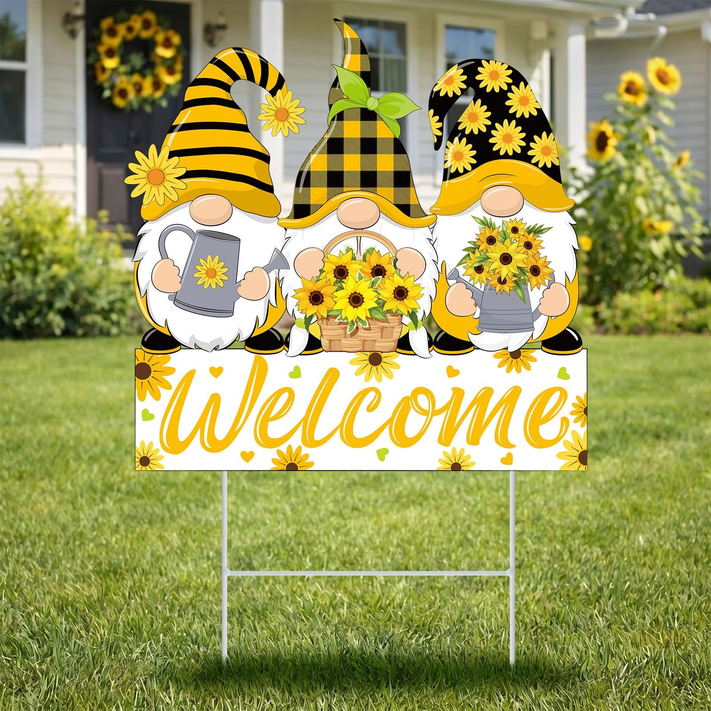 Yookeer Summer Sunflower Gnome Decorations Outdoor Metal Sunflower Gnome Decorative Garden Stakes Summer Welcome Yard Sign for Outside Porch Patio Lawn Decor