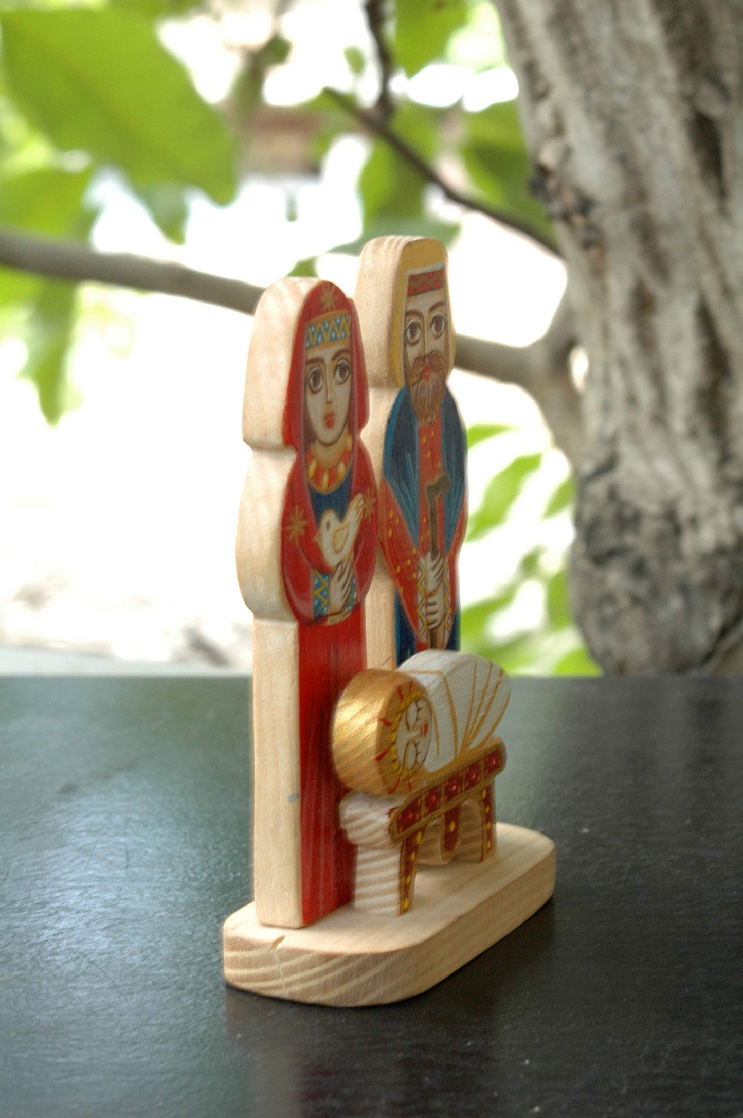 Saint Mary with Josef Nativity Tabletop Wooden Handmade Red Blue Yellow