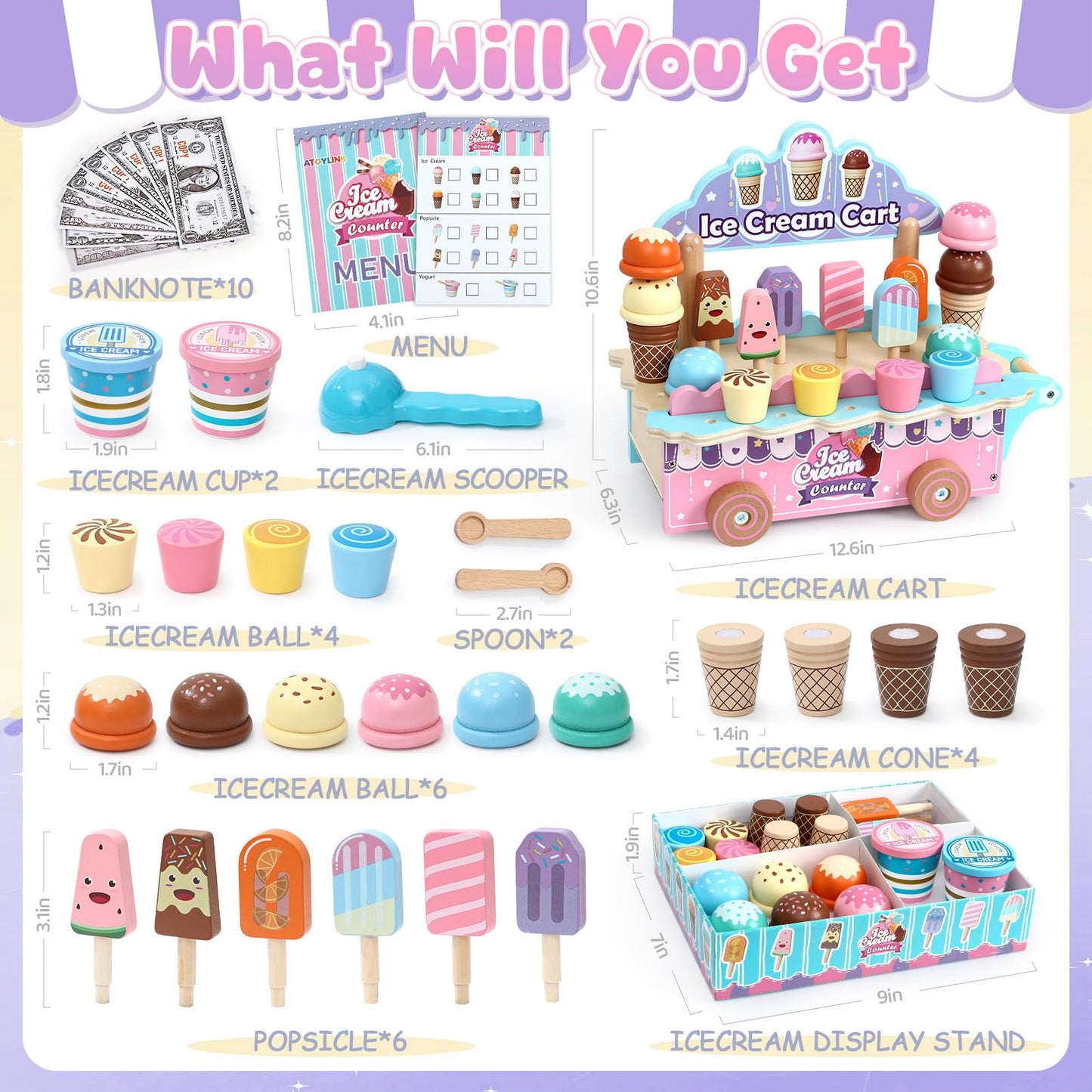 Atoylink Wooden Ice Cream Toys for Kids Pretend Play Food Toys with Scoop & Menu & Fake Money, Ice Cream Cart Play Store Toys for Toddlers Girls 3 4 5 6 Year Old Gift