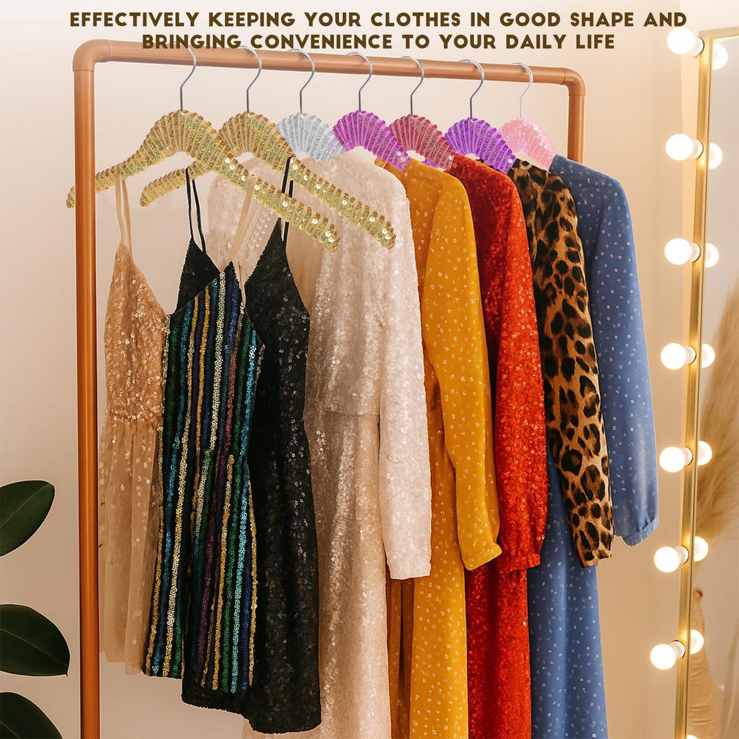 Luxury Sequin Wooden Hangers – Decorative Non Slip Natural Wood Clothes Hangers for Wedding Dress, Bridal Party, Bridesmaid Gifts, Custom Glitter Coat & Suit Hangers, Elegant Coquette Style (Gold)