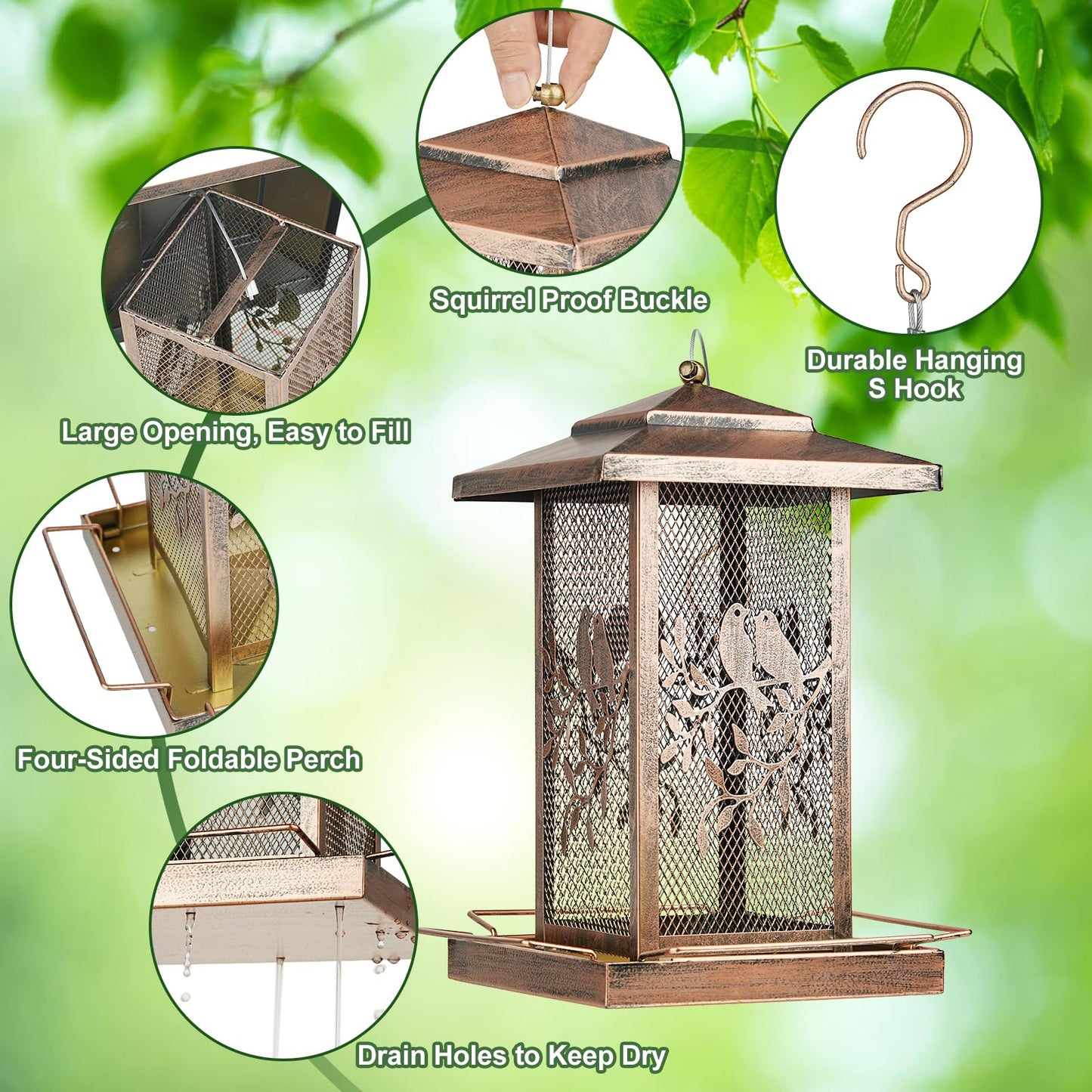 LBTING Bird Feeder for Outside, Metal Lantern-Shaped Bird Feeder, Wild Bird Feeders for Hanging Outdoor Garden Yard, Birds Pattern