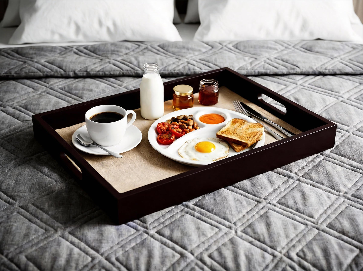 Dark Brown Bamboo Serving Tray Set of 2 with Handles, Nesting Wooden Trays for Serving Food & Drinks, Rectangular Coffee Table Ottoman Tray for Living Room Decor, Large 16.9” & Small 15.6”