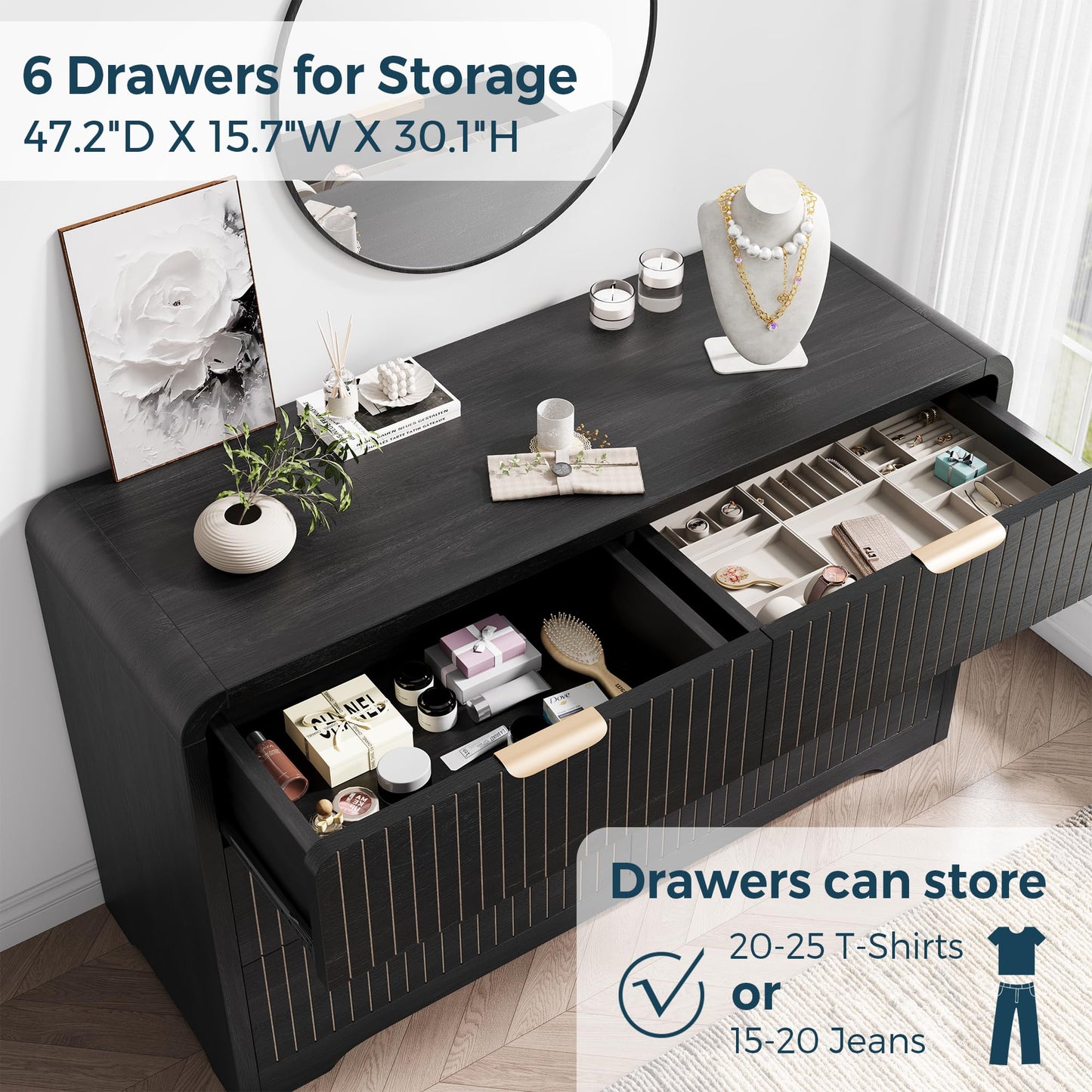 Jocoevol Modern 6 Drawer Dresser for Bedroom, 47" Wide Wood Dressers & Chests of Drawers Curved Profile Design, Mid Century Modern Fluted Dresser for Bedroom, Black Dresser