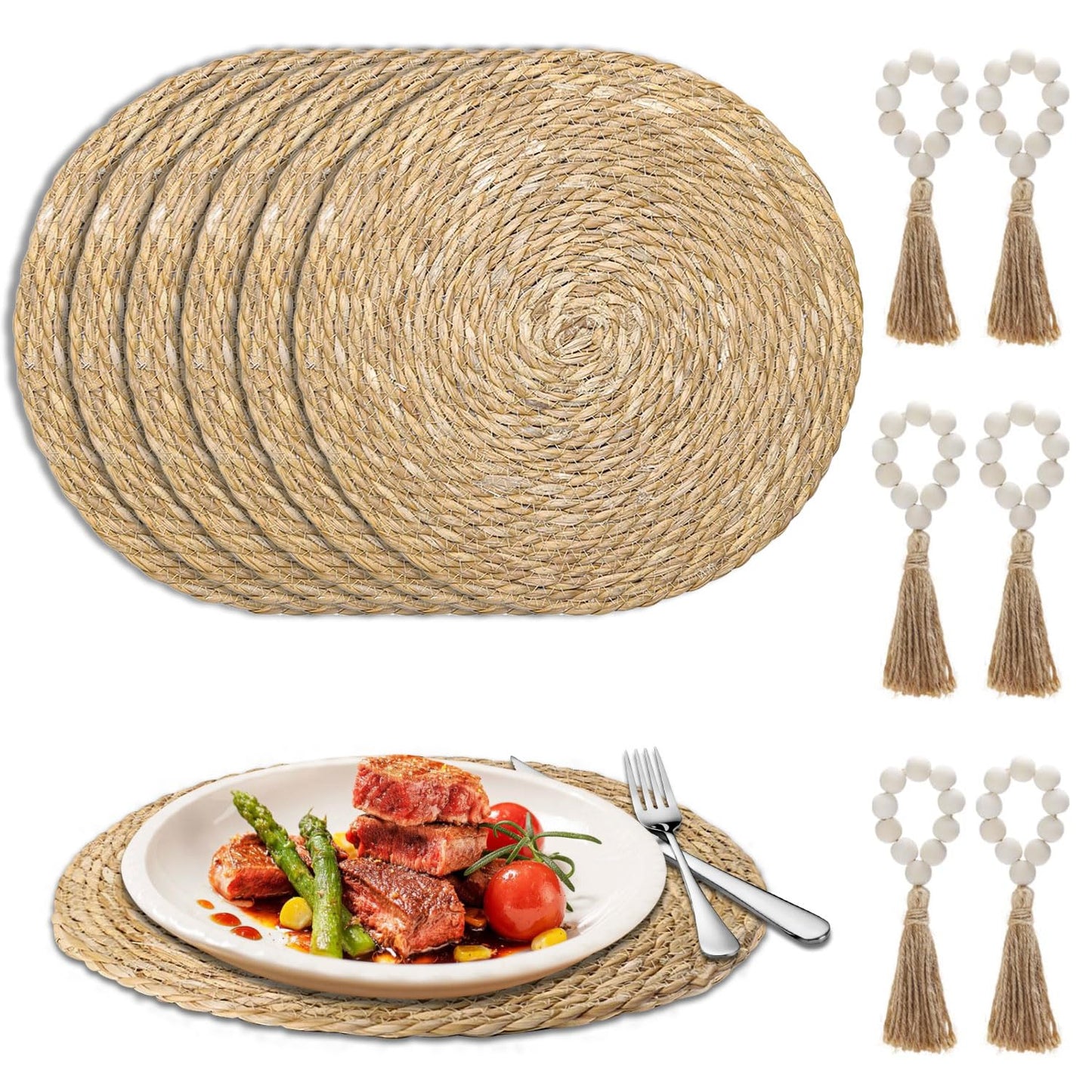 LIANJINGDENG Woven Placemats Set of 6, 13.8 Inch Round Natural Water Hyacinth Rattan Placemats with Wooden Beads Napkin Rings for Farmhouse Dining Table Decor, Thanksgiving Halloween Christmas
