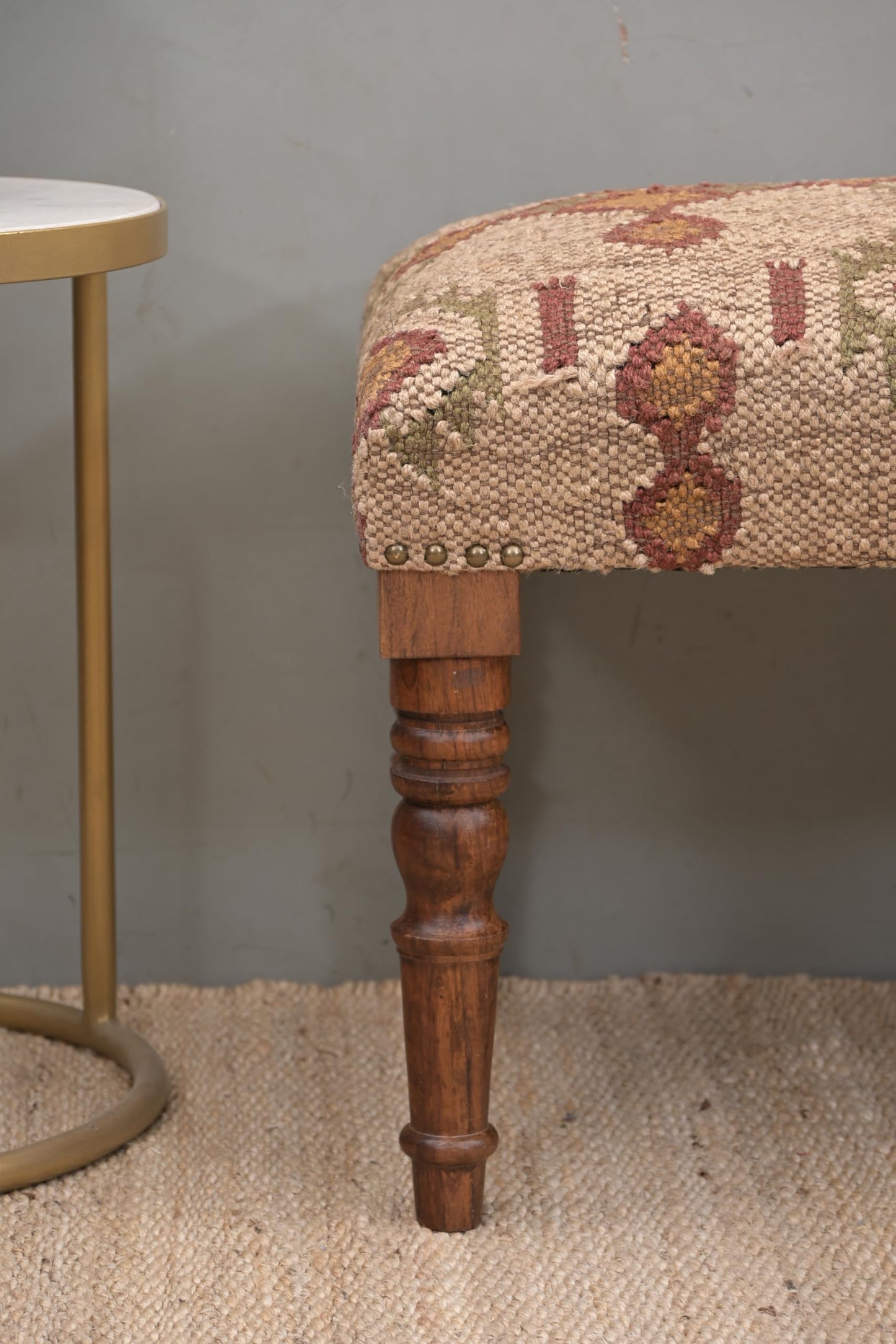NATURAL FURNISH Acacia Wood Kilim Jute Fabric Upholstered Bench with Geometric Pattern | Wooden Ottoman with Turned KD Legs for Living Room, Bedroom, End of Bed, Hallway & Entryway (Beige and Rust)