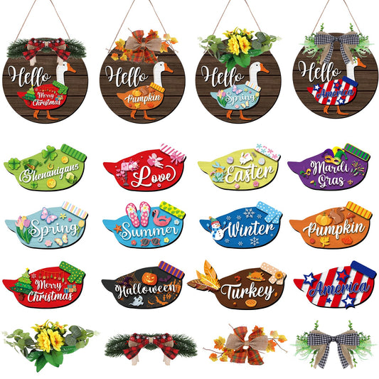Gameza Goose Interchangeable Welcome Sign, Wooden Rustic Holiday Seasonal Decor, Hello Geese Door Sign with 4 Seasonal Wreaths and 12 Changeable Icons Home Decorations