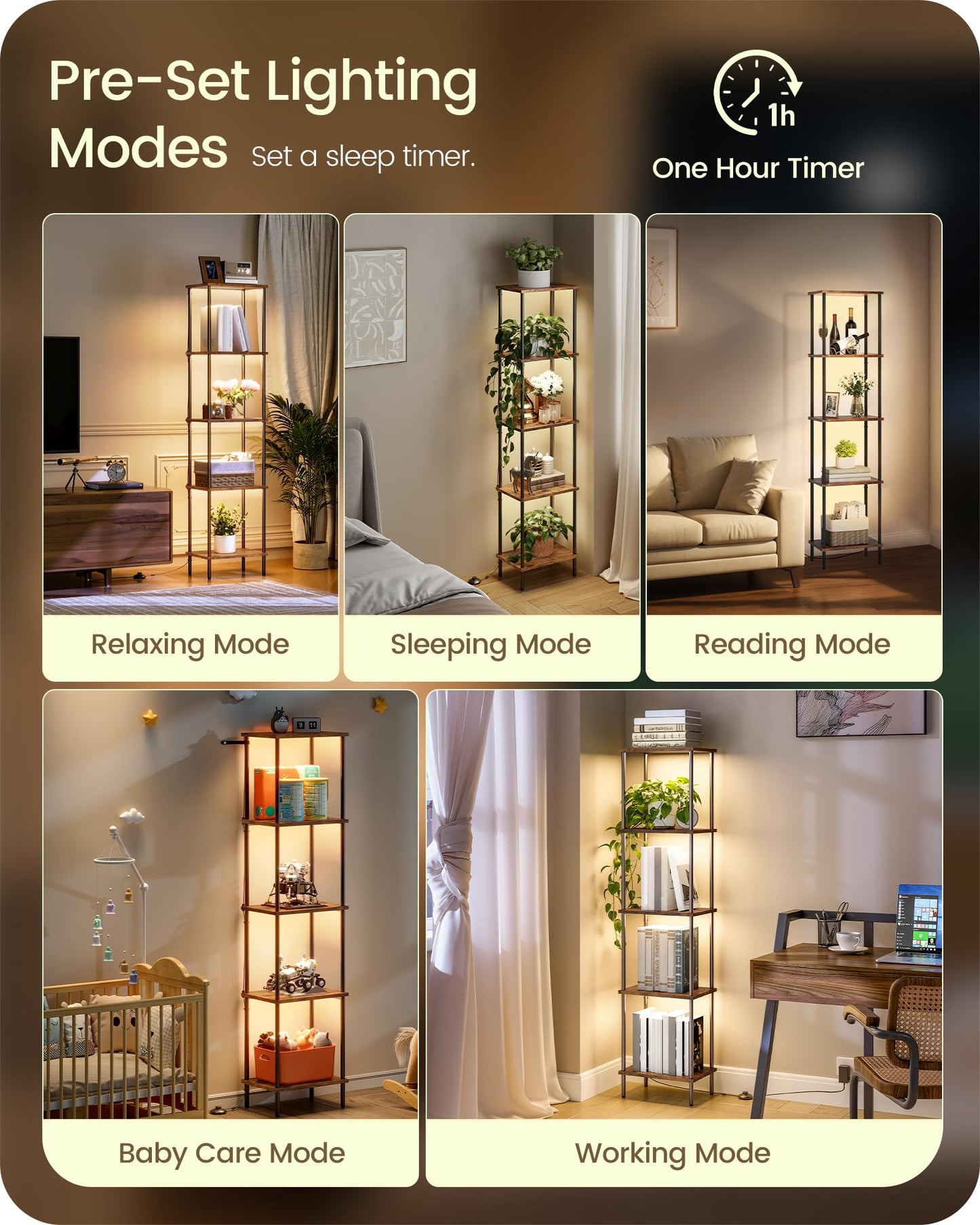 GOEBLESON Display Shelf with Light, 5-Tier Modern Shelf Lamp, Corner Floor Lamp with Shelves, Dimmable LED Floor Lamp for Living Room with Remote, 3CCT, Timer, Wooden Corner Shelf Lamp, F52LD05