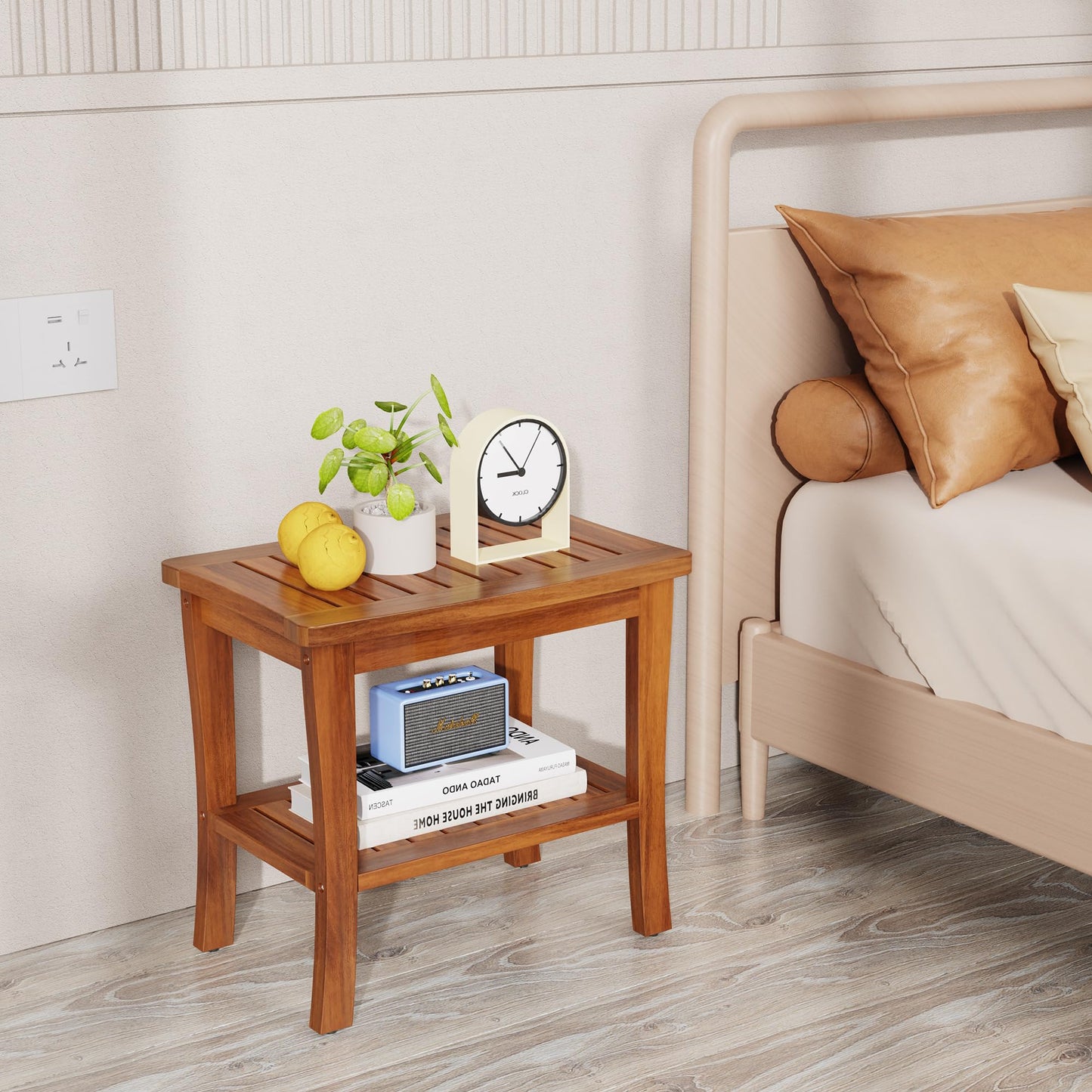 Teak Wood Shower Bench Stool with Storage Shelf, Wooden Waterproof Bathroom Spa Bathing Teak Shower Stool with Non-Slip Feet Gadget 2024 for Indoor or Outdoor Shower Chair Seat Organizer