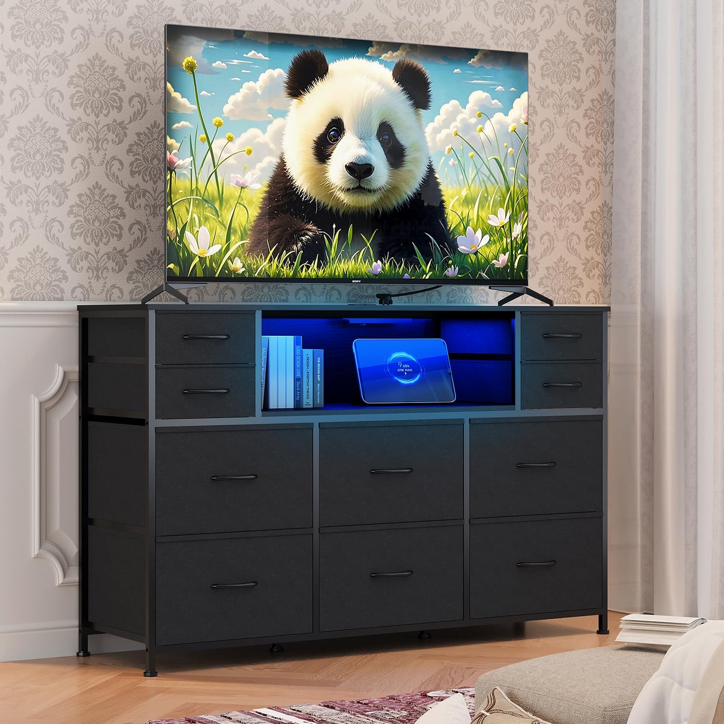 Garvee 10 Fabric Drawers Dresser, Entertainment Center TV Stand with Power Outlet & LED Light for 45"-55" TV, Chest of Drawers with Wood Top and Open Shelves for Bedroom, Living Room, Hallway, Black