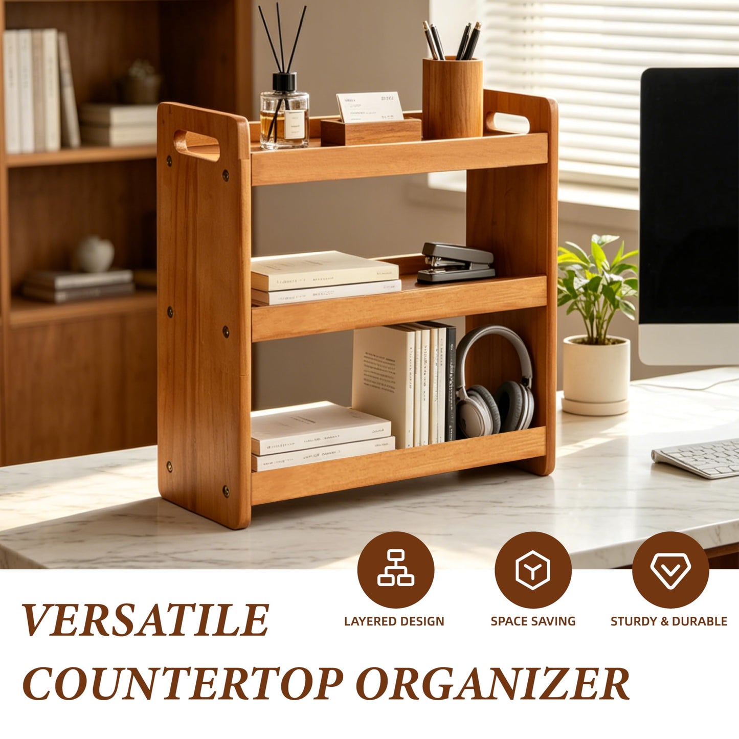 YUBAMIN Bathroom Counter Organizer, 3 Tier Bathroom Countertop Organizer, Bathroom Counter Shelf, Wooden Makeup Organizers Countertop, Bathroom Vanity Organizers and Storage for Bedroom, Gifts