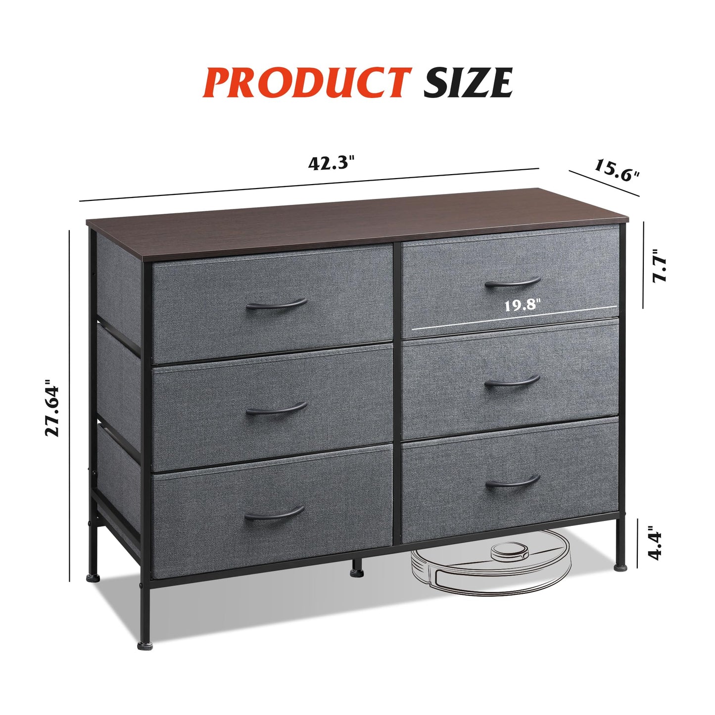 WLIVE Dresser for Bedroom with 6 Drawers, Wide Dresser TV Stand for 50 Inches TV, Grey Dresser with Metal Frame, Wooden Top, Fabric Dressers for Bedroom, Living Room, Hallway, Dark Grey
