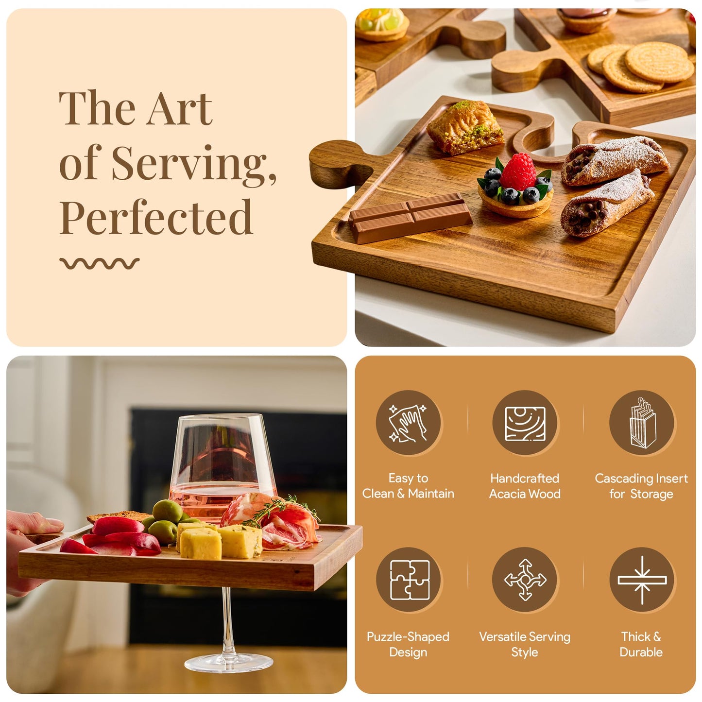 Homesphere Wooden Charcuterie Boards, Appetizer Tray for Parties & Cutting Board with Handle, Set of 4, Acacia Wood Board, Wine Gifts, Wine Accessories, Interlocking Puzzle Serving Tray w/Storage Box