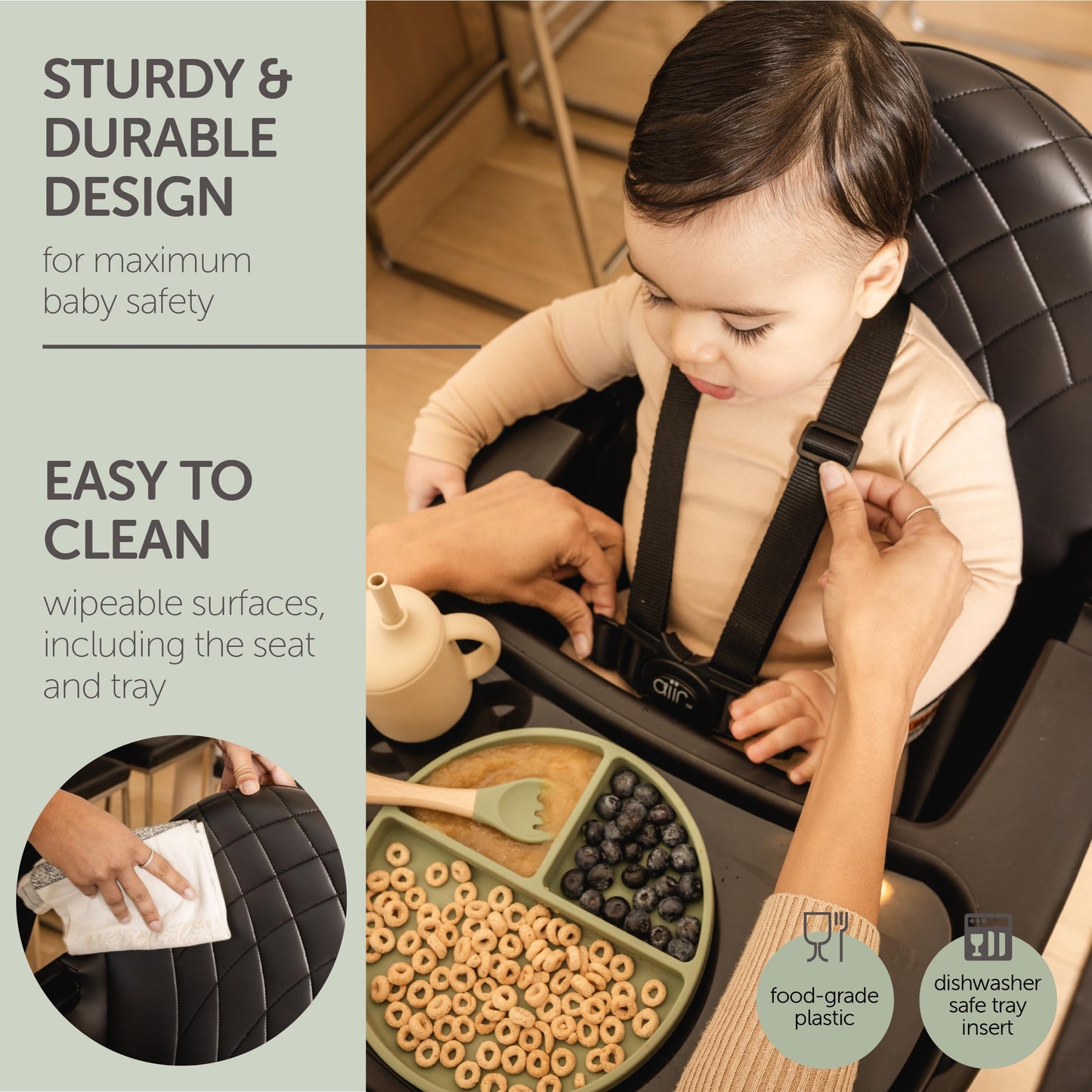 Convertible High Chair for Babies, Toddlers, Kids & Children - Wooden Highchair with Adjustable Height & Dishwasher Safe Tray - Wood Feeding & Dining Chair - Converts to Booster Seat (Black)