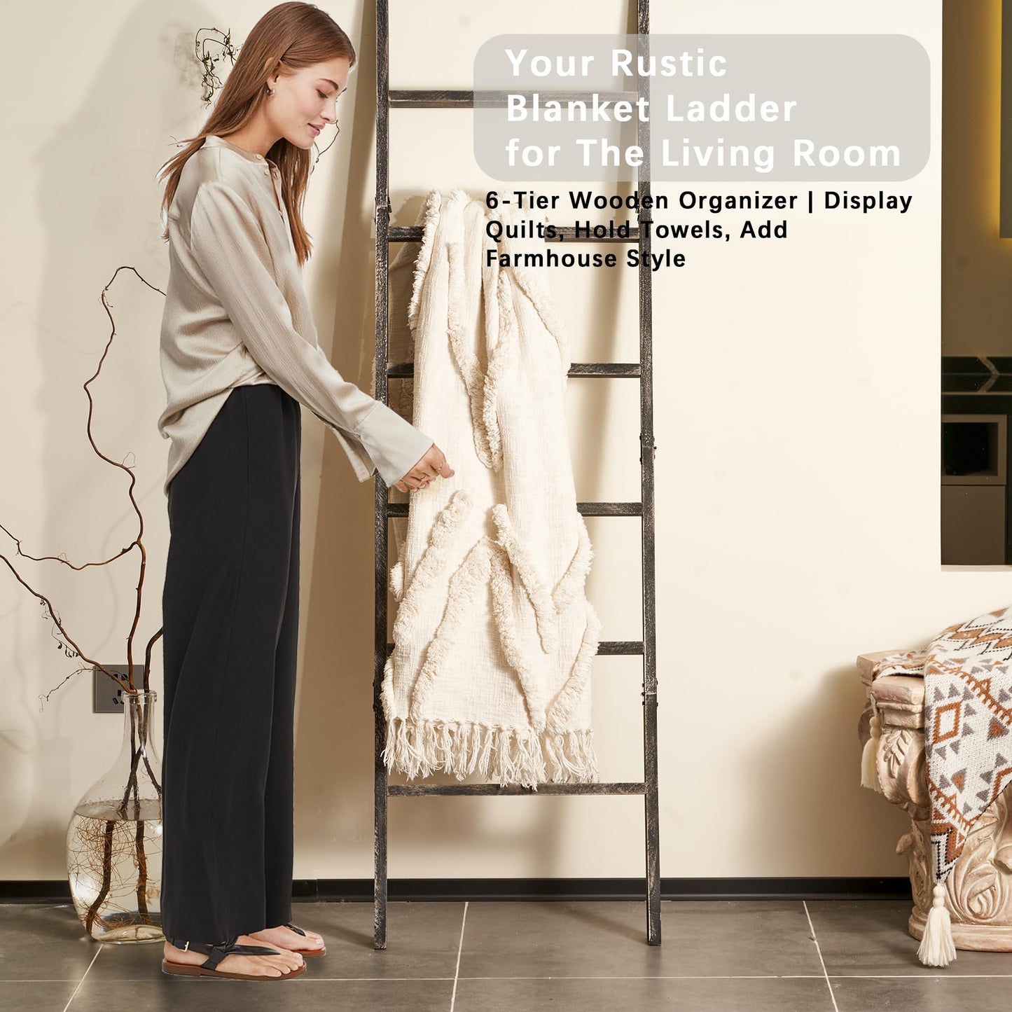 Blanket Ladder for The Living Room 6-Tier, Wooden Decorative Quilt Holder for Bed Room, Wall-Leaning Wood Towel Rack for Bathroom，Rustic Farmhouse Ladders for Display.(Black Wash)