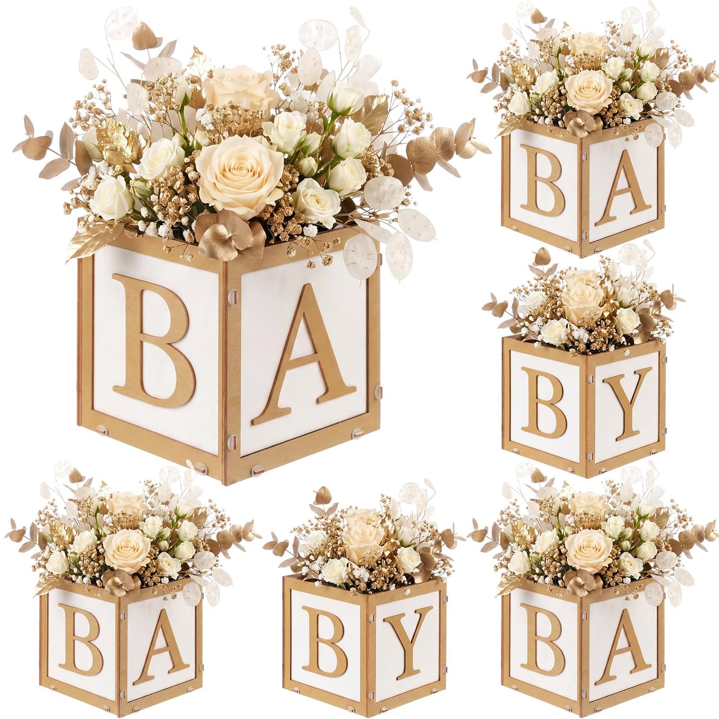 SiliFine 6 Set Baby Shower Centerpieces for Tables 6 Inch Wooden Boxes with Baby Letters Cube Planter Vase Blocks for Gender Reveal Party Decor (Floral,Gold)