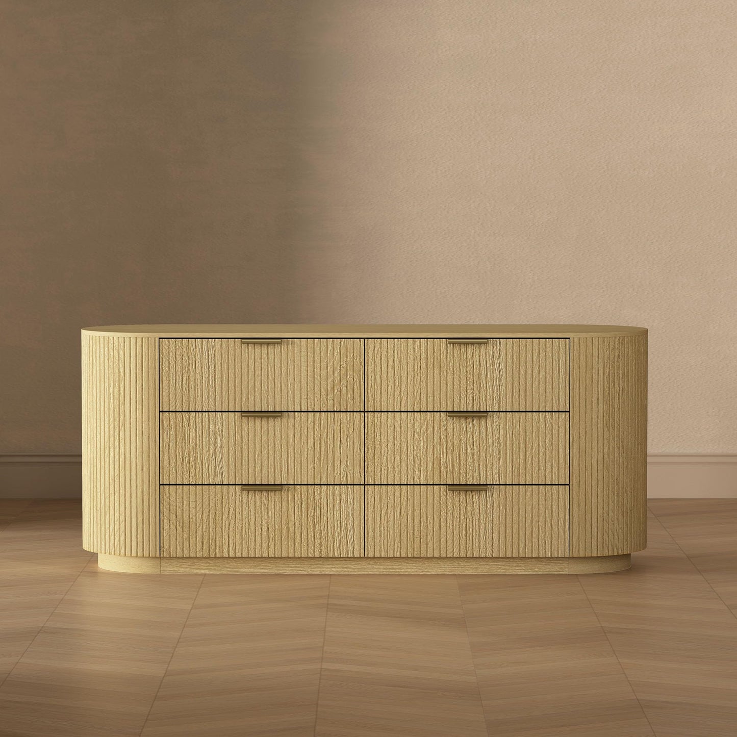Manhattan Comfort Olivia 71” Wide Modern 6 Drawer Dresser with Wood Grain Finish, Ribbed Texture, Solid Wood Rounded Corners & Metal Handles, Chest of Drawers for Any Room, Natural Oak & Gold