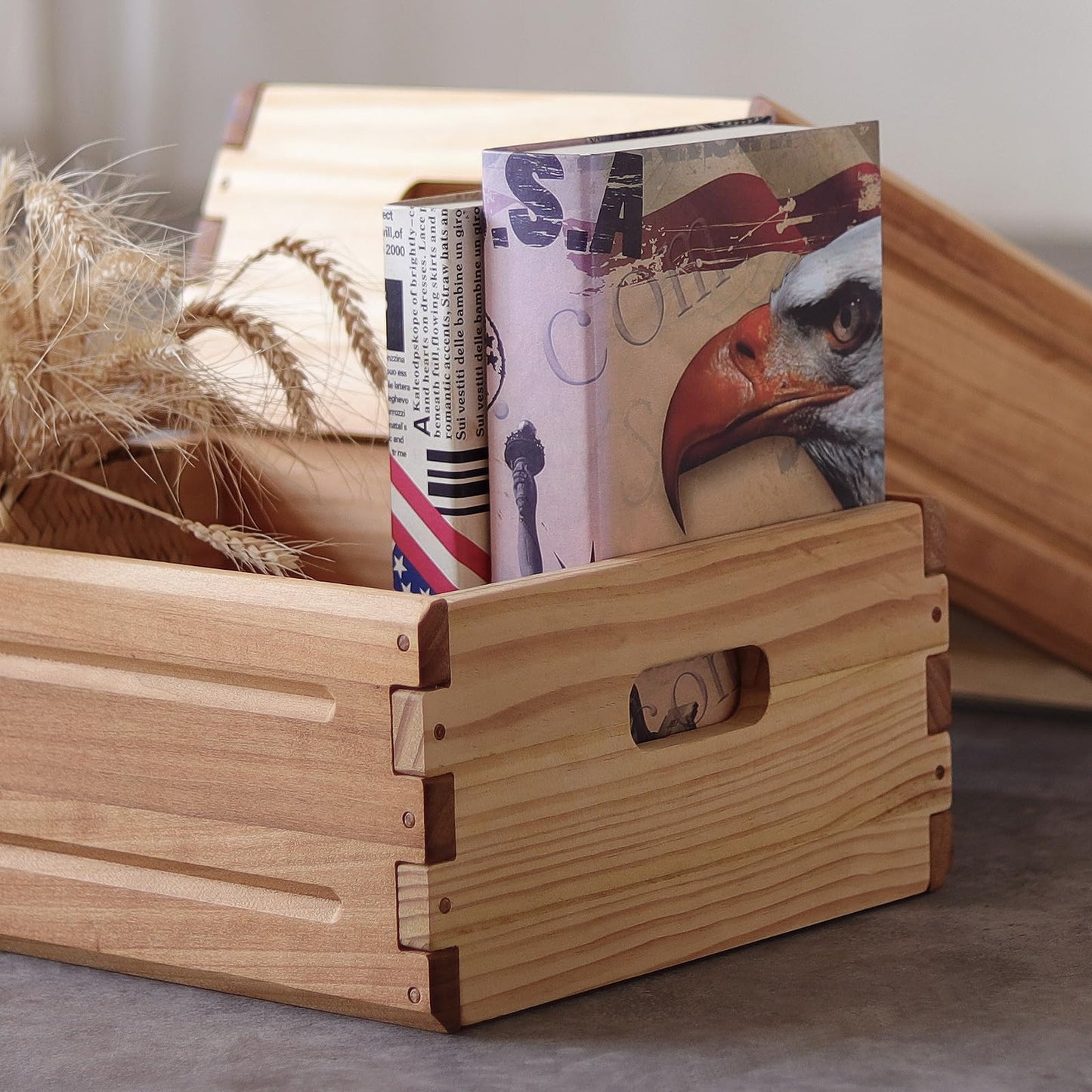 KLZLQ-XINCHEN 2 Pack Wooden Storage Bins of 16"x12"x6.25".Durable Open Solid Wood Box w/ Handles.Farmhouse Container Shelf Baskets. Multipurpose Home Décor Organizer Crates for Display,Pantry,Book,CD