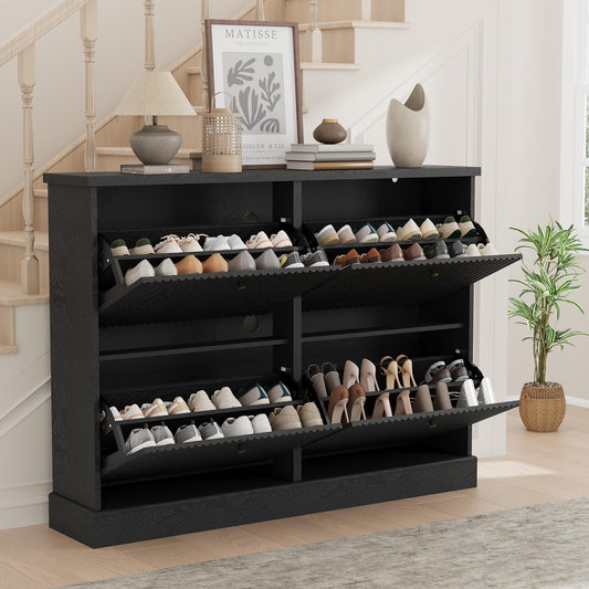 IDEALHOUSE Fluted Shoe Cabinet Storage with 4 Flip Drawers, Wooden Fluted Narrow Shoe Organizer with Adjustable and Removable Shelves, Freestanding Slim Shoe Storage for Entryway Hallway, Black