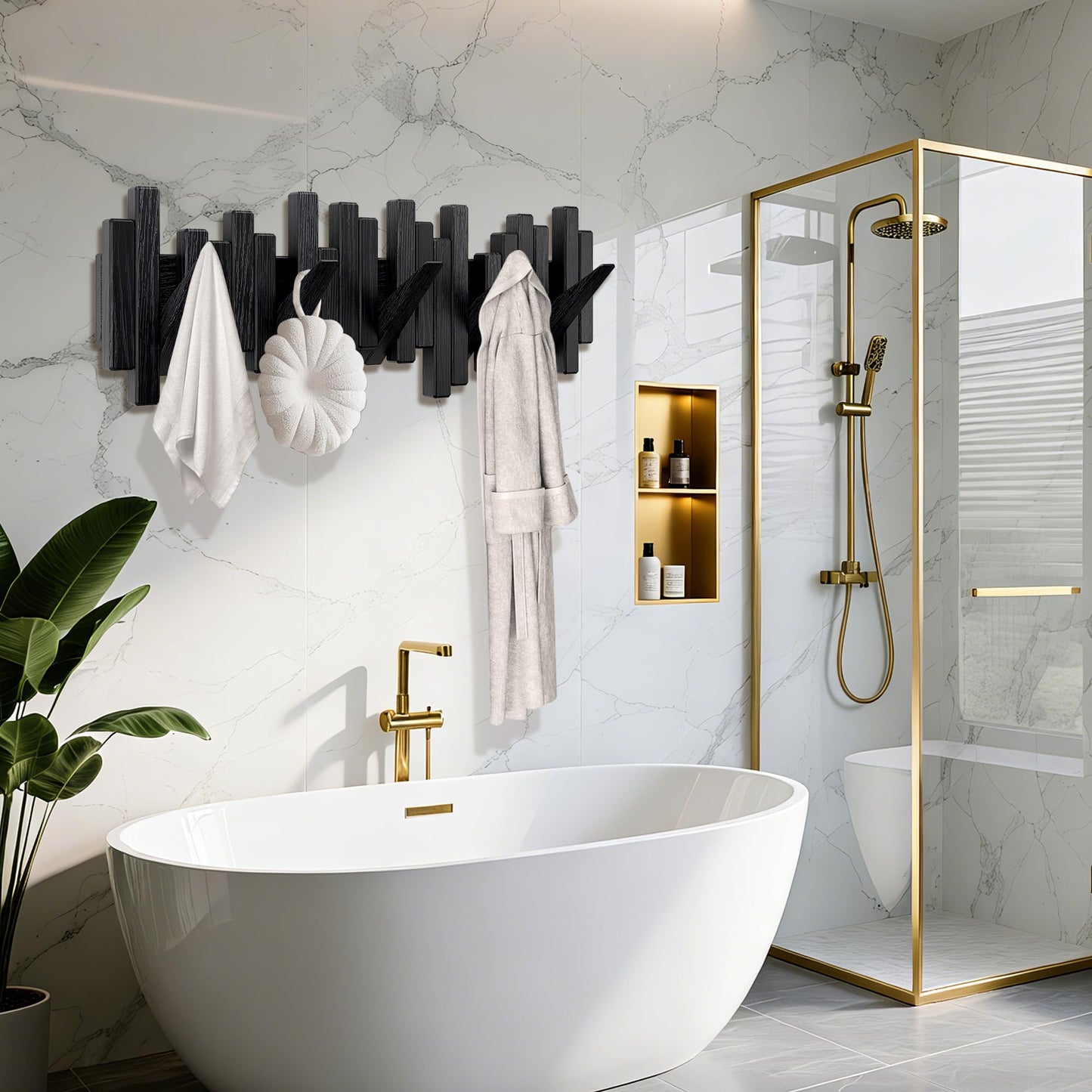 Acsigesn Wooden Coat Rack Wall Mounted Sticks Multi Rack Solid Handmade Natural Wood Artwork with 5 Flip-Down Unique Modern Hooks for Coats Bag Hat Umbrella
