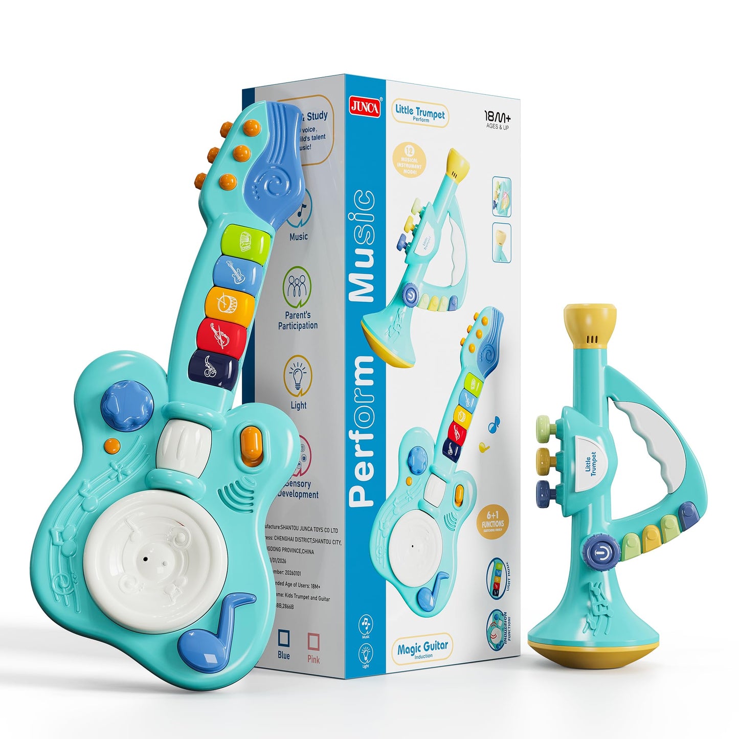 DOLPH HUG Toddler Montessori Musical Instruments Set — Trumpet & Guitar Toy for Kids Ages 2–5 | Preschool Learning, Sensory & Creative Play | Birthday Gift for Boys & Girls Blue