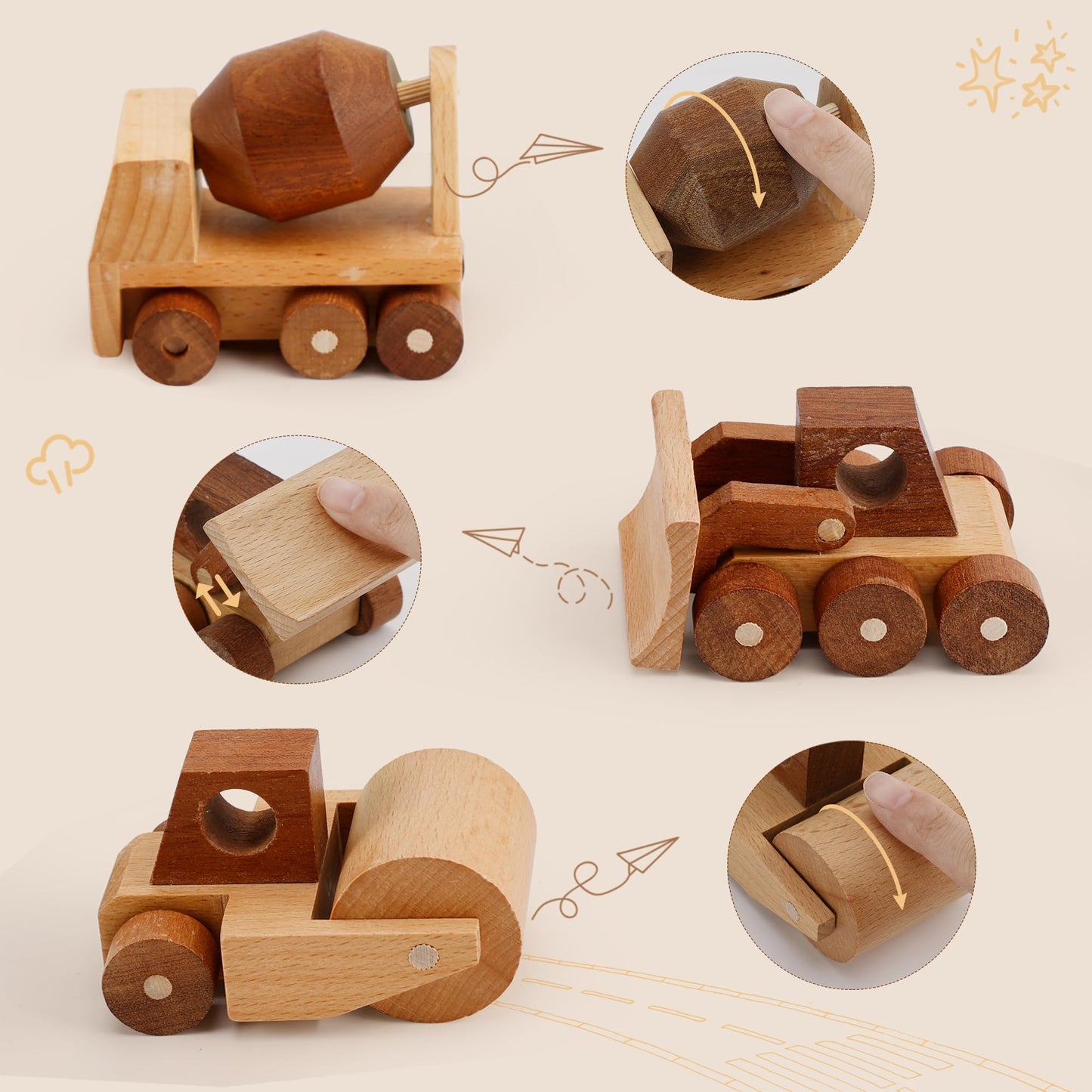 MONT PLEASANT Wooden Construction Vehicle Toy Set of 3, Toddler Montessori Toys Cement Truck Bulldozer Steam Roller Toy Car with Rolling Wheels, Kid Construction Toys Educational Gift for Boys & Girls